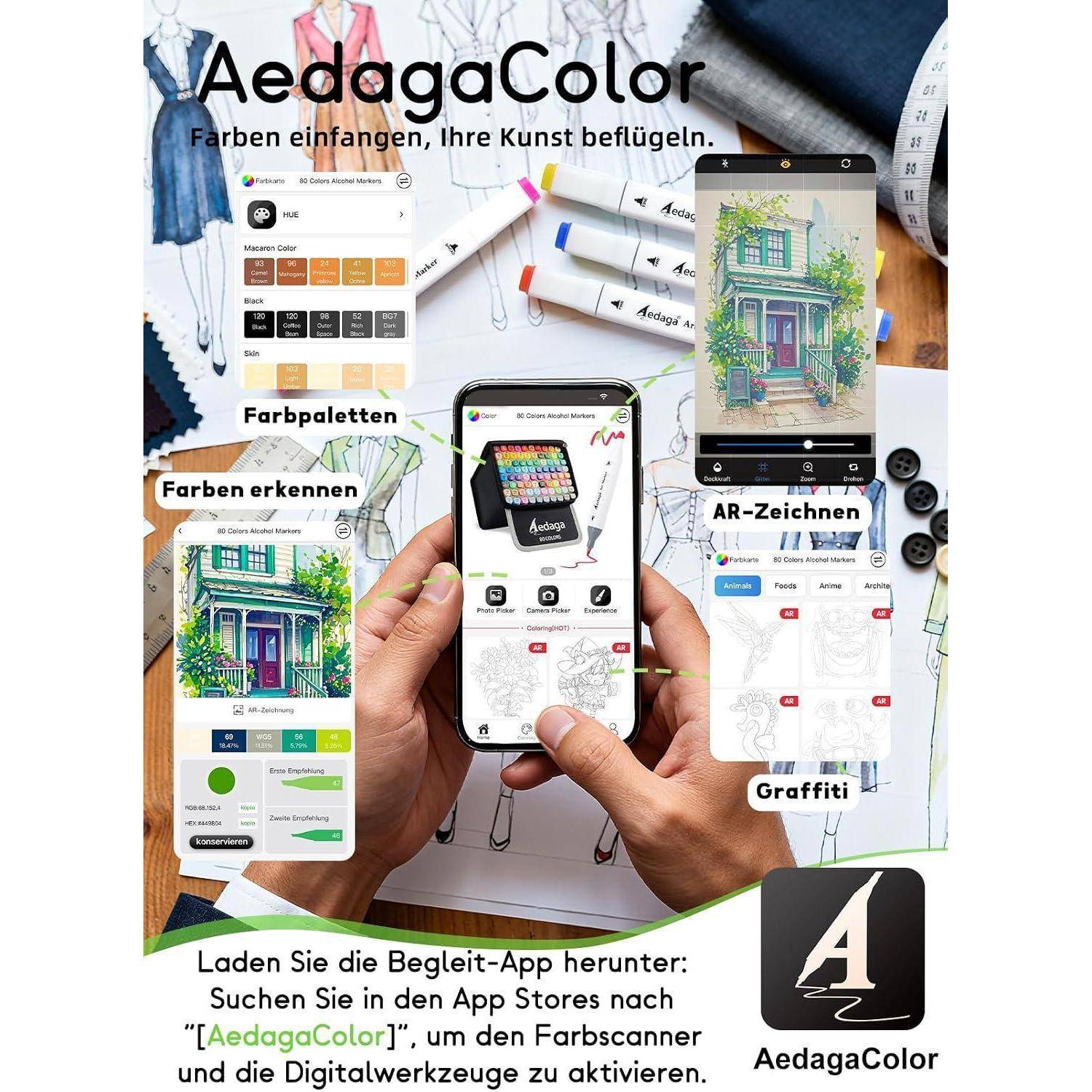Werbeabbild für die AedagaColor-App, das ein Telefon zeigt, das eine Zeichnung scannt, um Farben zu identifizieren, Farbpaletten zu erstellen und AR-Zeichnungs- sowie Graffiti-Funktionen zu unterstützen.