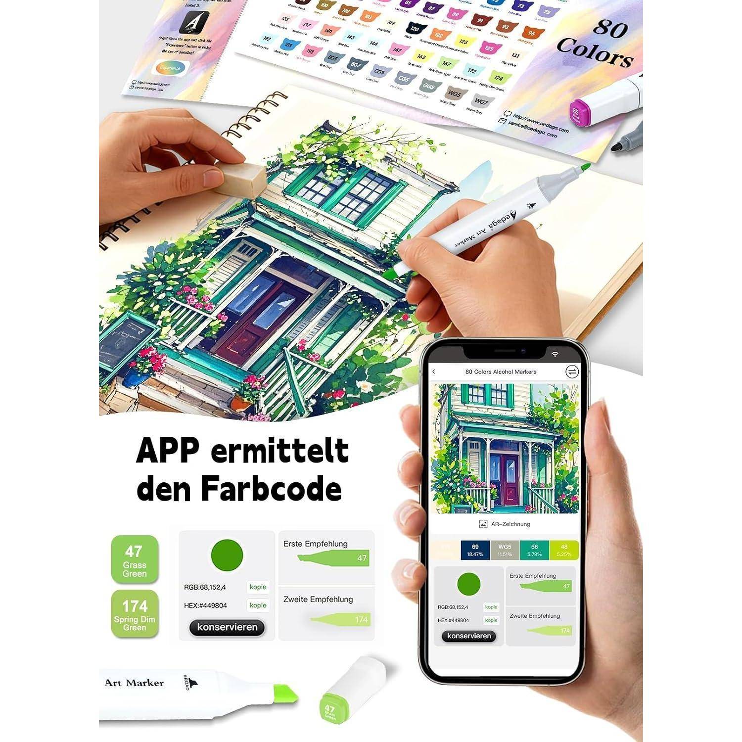 # Hände verwenden einen Farbmarker und eine Telefon-App, um Farben aus einer Hausillustration zu identifizieren; deutscher Text sagt „APP ermittelt den Farbcode