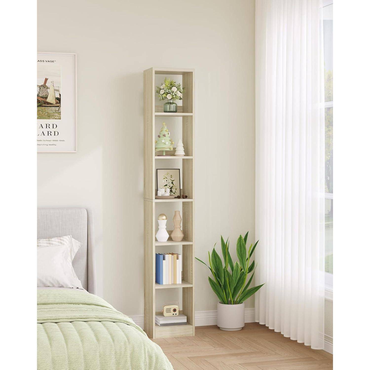 Hzuaneri 6-stöckiges Bücherregal Würfelregal, 24x30x183cm, Eichenbeige | Bücherschrank, offenes Regal aus Holz, Aufbewahrung & Präsentation, für
