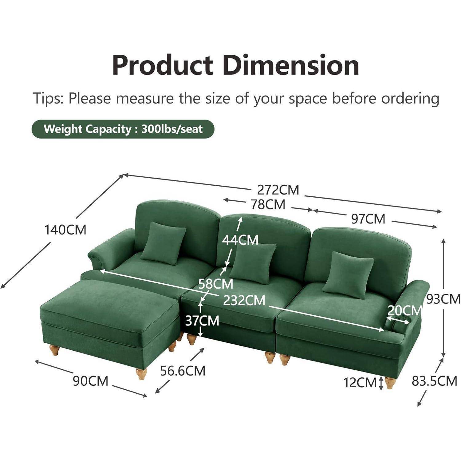 Produktmaße-Diagramm eines grünen Ecksofa mit Ottomane, das Gesamtabmessungen von 272 cm Breite mal 140 cm Tiefe und Sitzhöhe von 37 cm zeigt; Gewichtskapazität 300 Pfund/Sitzplatz.