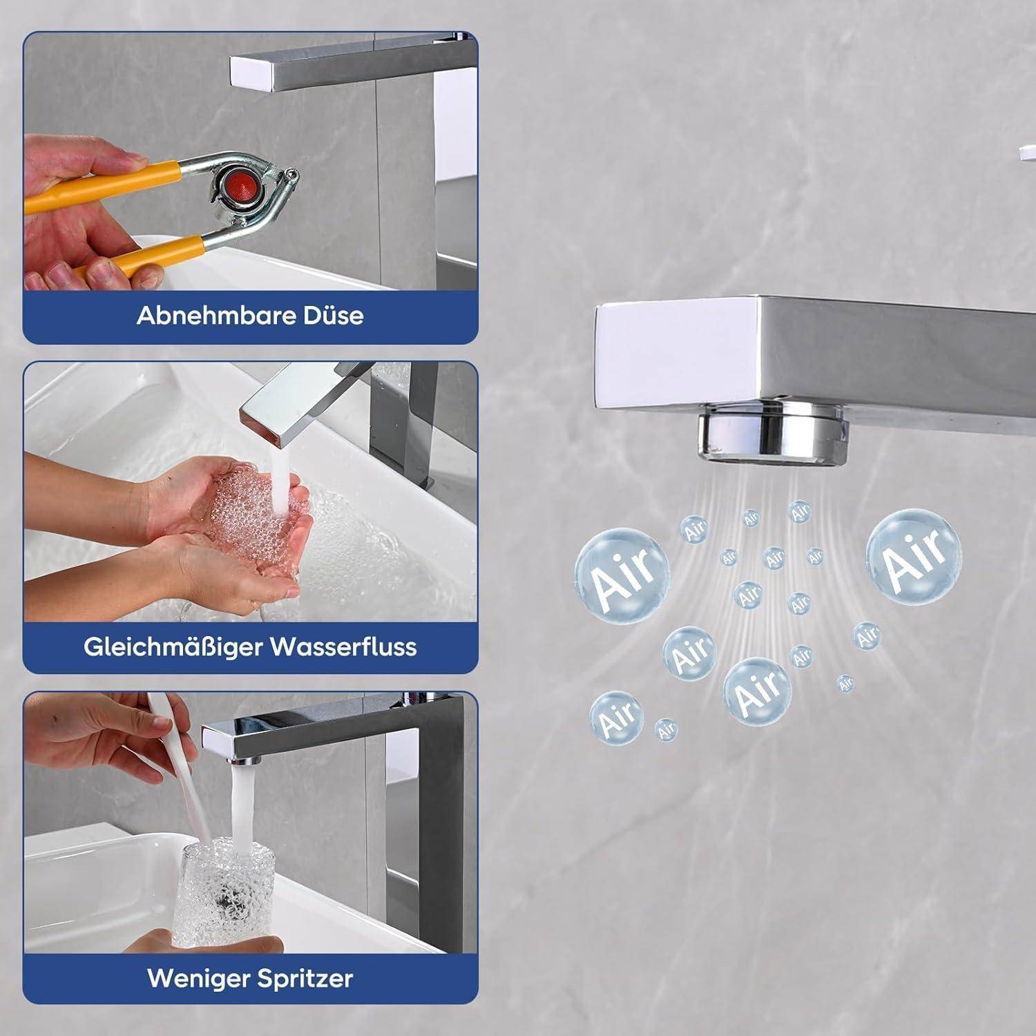 Abbildung eines Wasserhahn-Strahlregler-Aufsatzes mit abnehmbarer Spitze, gleichmäßigem Wasserdurchfluss und reduziertem Spritzwasser mit gekennzeichneten Luftblasen 