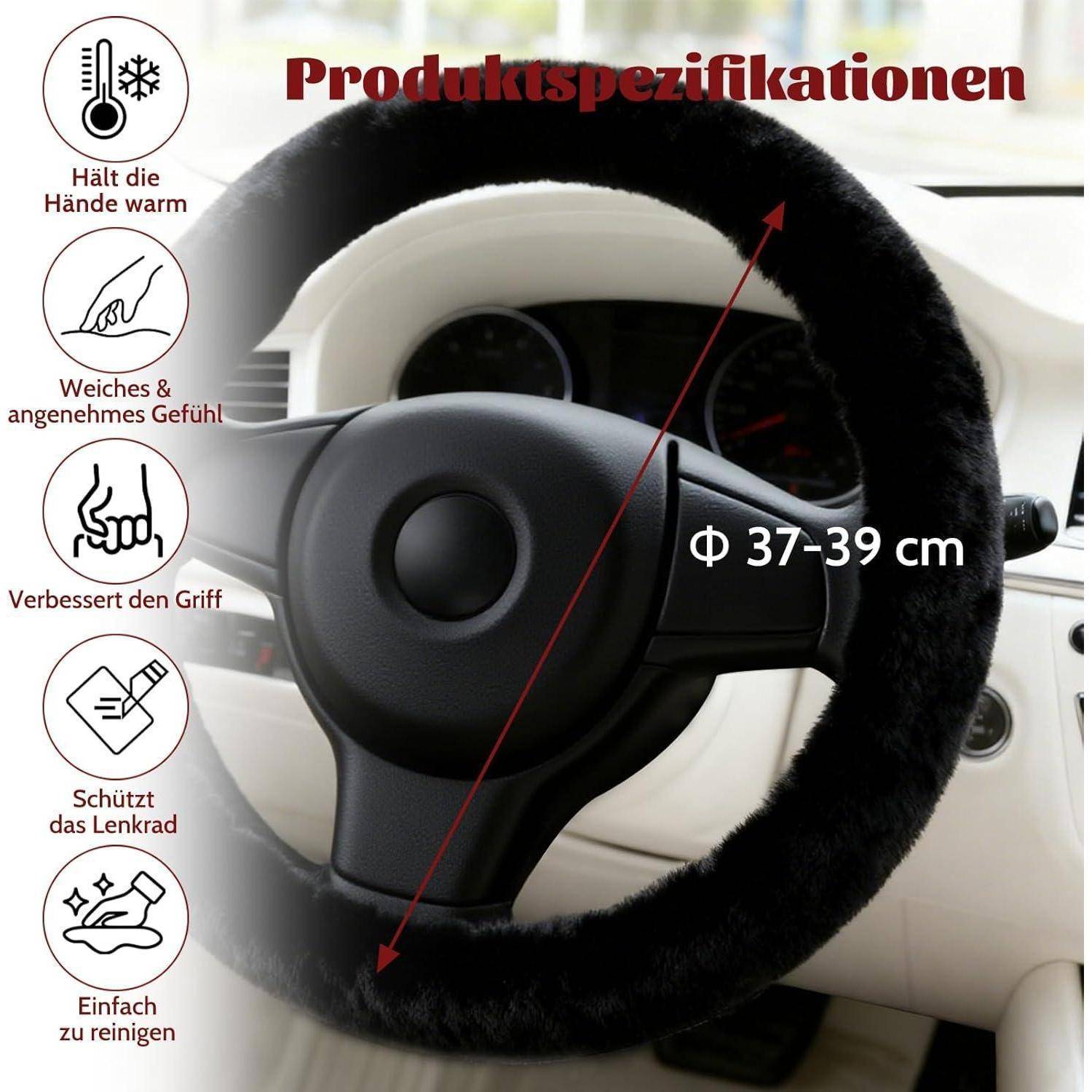 Produktspezifikation für Lenkradabdeckung, zeigt eine schwarze Plüsch-Abdeckung für Lenkräder von 37–39 cm, mit Symbolen für Wärmeisolation, weiches Gefühl, besserer Grip, Schutz und einfache Reinigung.