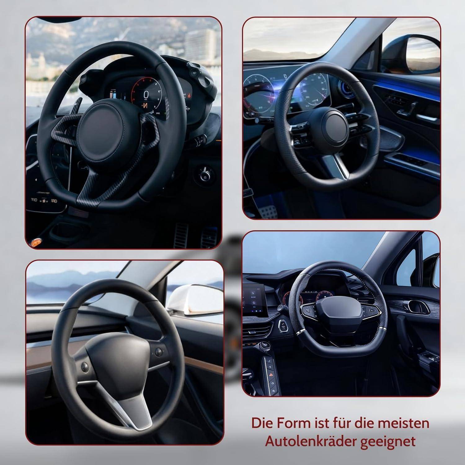 Vier Autolenkräder in verschiedenen modernen Fahrzeuginnenräumen, die verschiedene ergonomische Designs zeigen; der deutsche Text besagt „Die Form ist für die meisten Autolenkräder geeignet".