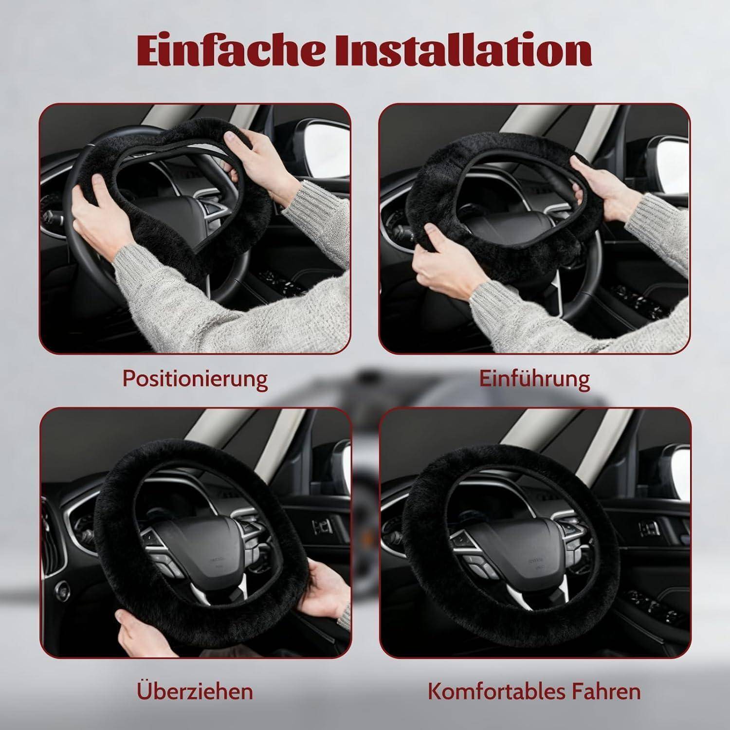 Anleitung grafik zur einfachen Installation einer Lenkradhülle in vier Schritten: Positionierung, Einsetzen, Überziehen und finaler komfortabler Fahrsitz.