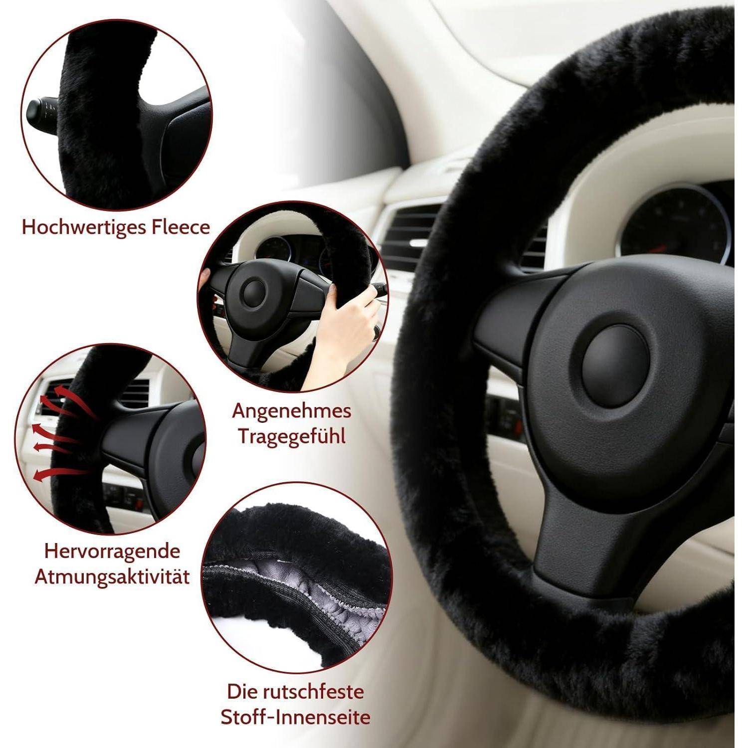 Fleece-Lenkradabdeckung in einem Auto, gezeigt mit Nahaufnahmen, die hochwertige Fleece, komfortablen Griff, Atmungsaktivität und rutschfestes Stoffinnenfutter hervorheben.