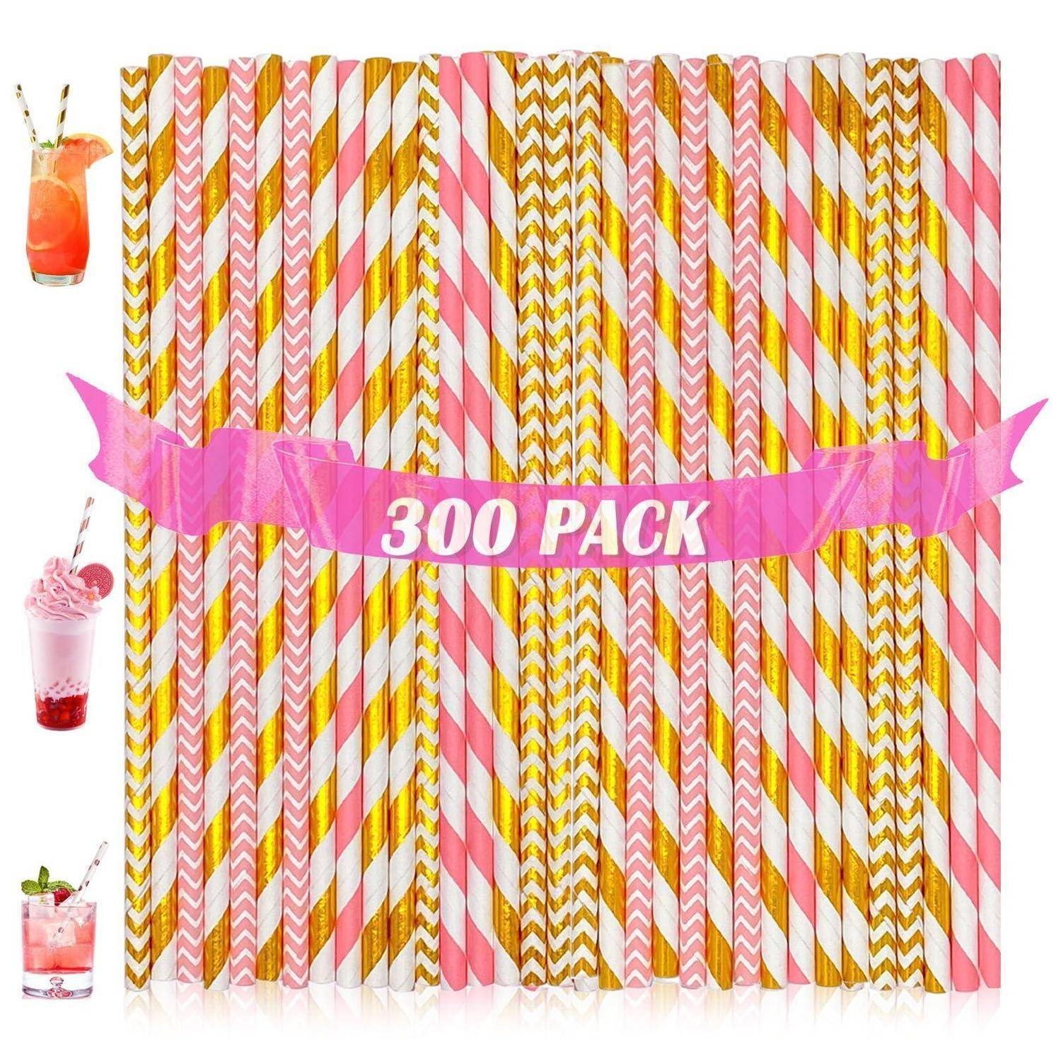 300 Stück Papierstrohhalme, Strohhalme Papier, Trinkhalme aus Papier 19,7 cm, Bunte Cocktail Strohhalme Trinkhalme Biologisch Abbaubare für Cocktail