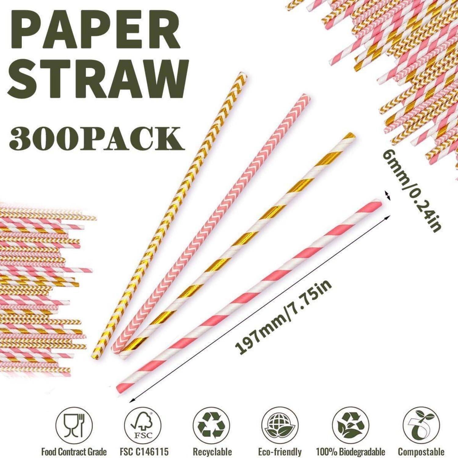 300 Stück Papierstrohhalme, Strohhalme Papier, Trinkhalme aus Papier 19,7 cm, Bunte Cocktail Strohhalme Trinkhalme Biologisch Abbaubare für Cocktail