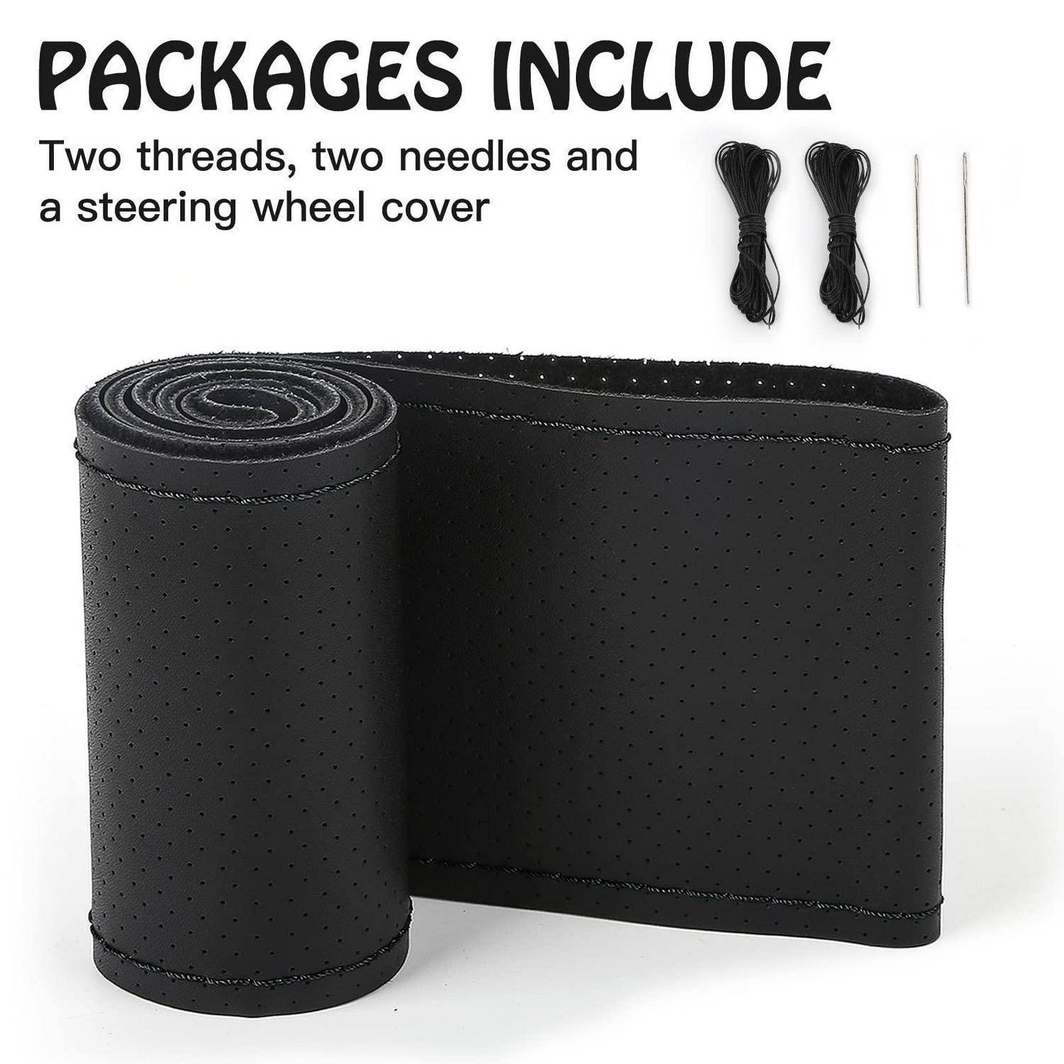 Produktbild zeigt eine schwarze Lenkradabdeckung mit Perforationen, zwei Fäden und zwei Nadeln enthalten, beschriftet mit „PACKAGES INCLUDE