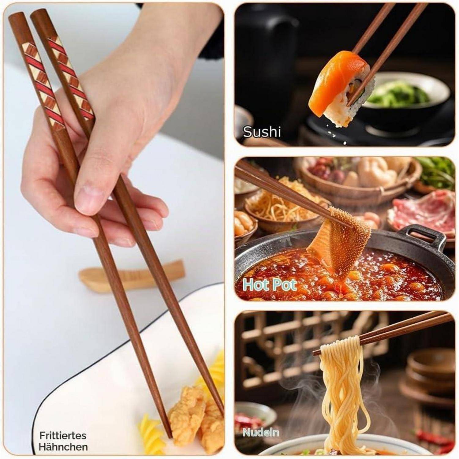 # Hand mit dekorativen Essstäbchen mit gerilltem Griff beim Aufnehmen von Speisen; eingefügte Beispiele zeigen Sushi, Hotpot und Nudeln, beschriftet auf Deutsch.