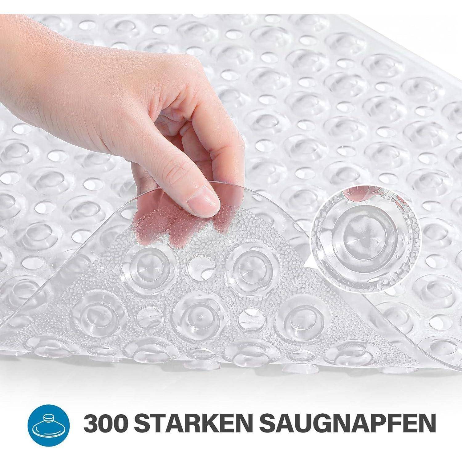 Hand hält eine durchsichtige Saugnapfmatte mit vielen kreisförmigen Saugnäpfen; der Text lautet „300 STARKEN SAUGNAPFEN