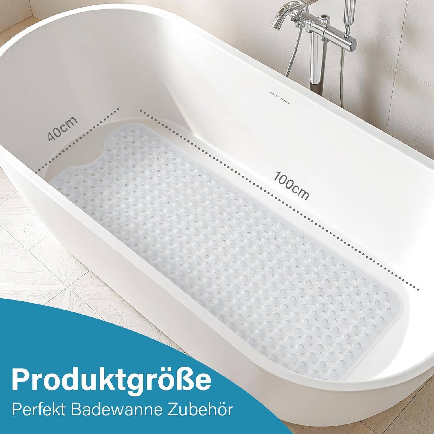 Badmatte in einer weißen Badewanne, mit den Maßen 100cm x 40cm gekennzeichnet, mit deutschem Text 