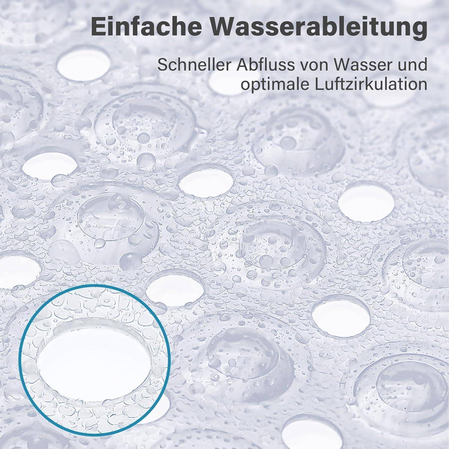 Deutsche Anzeige, die eine perforierte Oberfläche mit Wassertropfen zeigt; das hervorgehobene Loch veranschaulicht die „einfache Wasserableitung