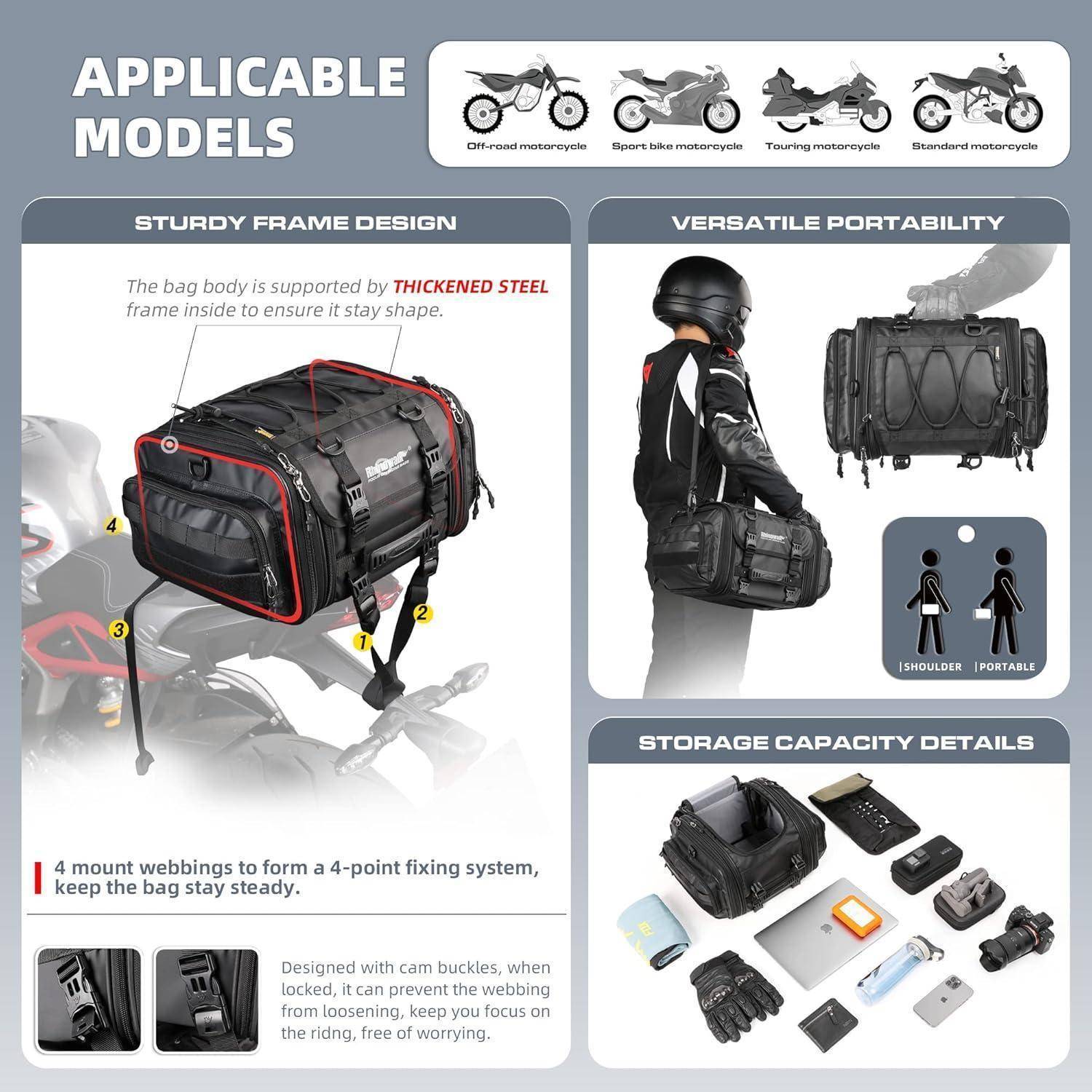 Motorradtaschen mit verstärktem Stahlrahmen, sichere Vierpunkt-Befestigung, Tragbarkeit mit Schultergurt und Speicherkapazitätsdetails für mehrere Zubehörteile.