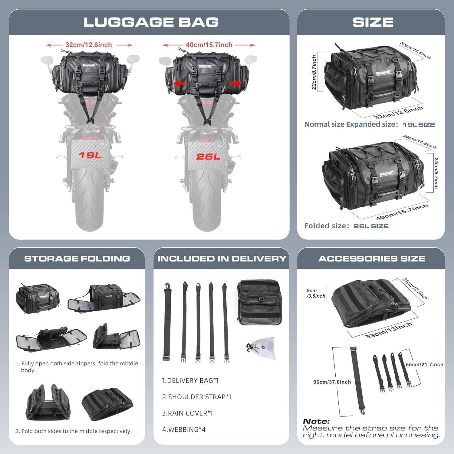Produkt-Infografik mit einer Motorrad-Gepäcktasche mit Größenoptionen: 19L Normalgröße, 26L erweiterte Größe, Schritte zum Falten und Lagern, enthaltene Zubehörteile und Riemenabmessungen.