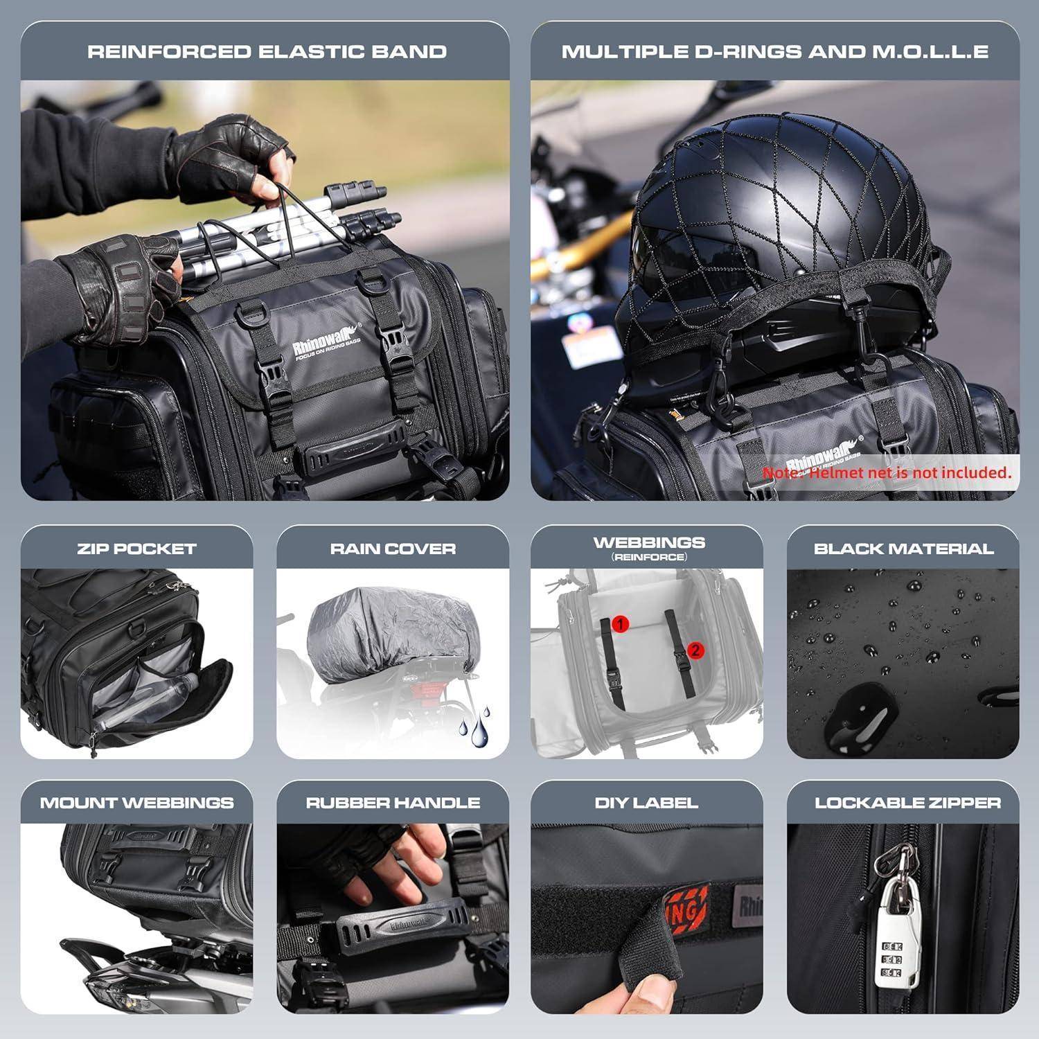 Collage eines schwarzen Motorrad-Hecktaschen-Sets mit Funktionen: elastisches Bungee-Top, D-Ringe/MOLLE, Reißverschlusstasche, Regenschutz, Webbing, Griff, DIY-Etikett und verschließbarer Reißverschluss.