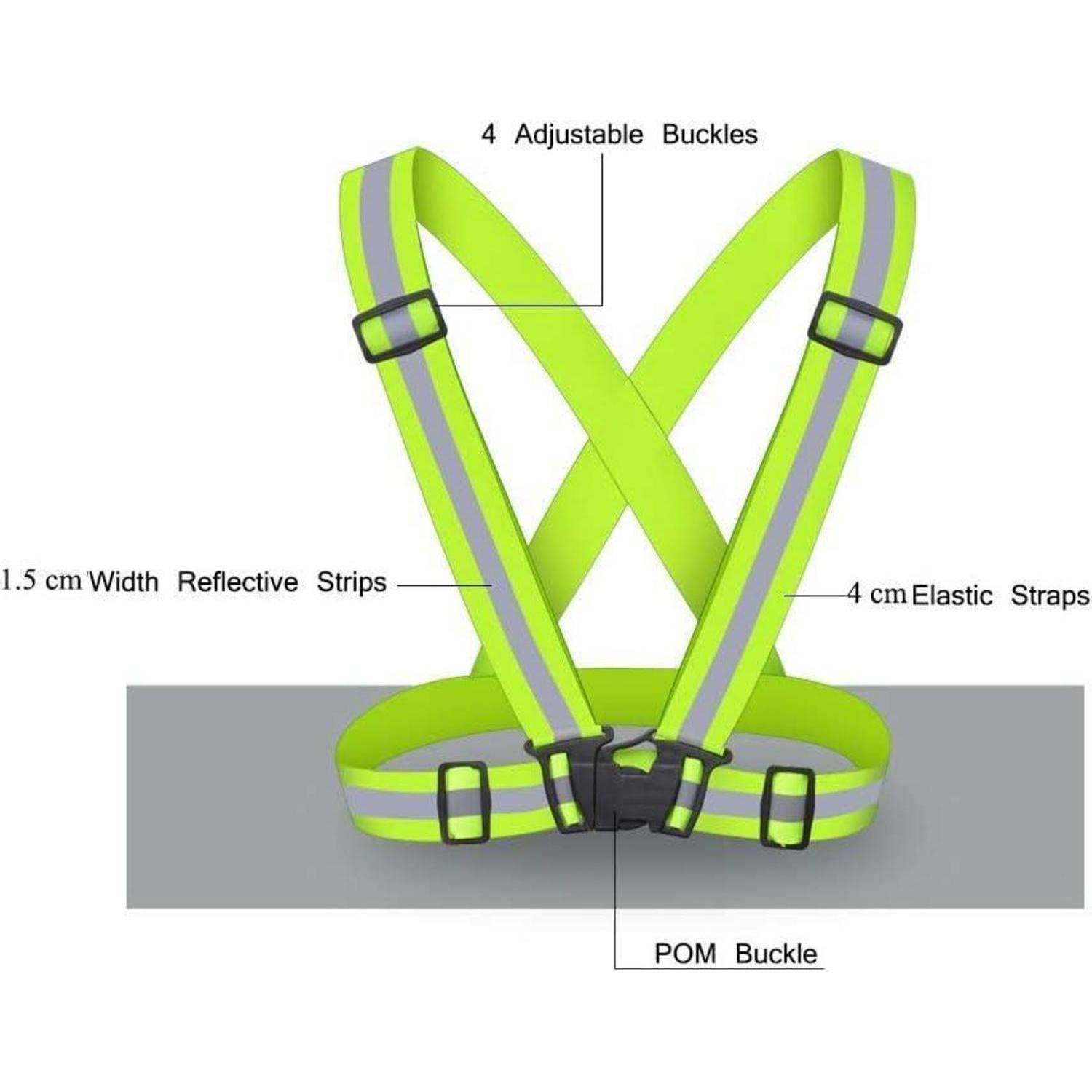 Diagramm eines reflektierenden Sicherheitsgeschirrs mit 4 verstellbaren Schnallen, 1,5 cm reflektierenden Streifen, 4 cm elastischen Riemen und einer POM-Schnalle.