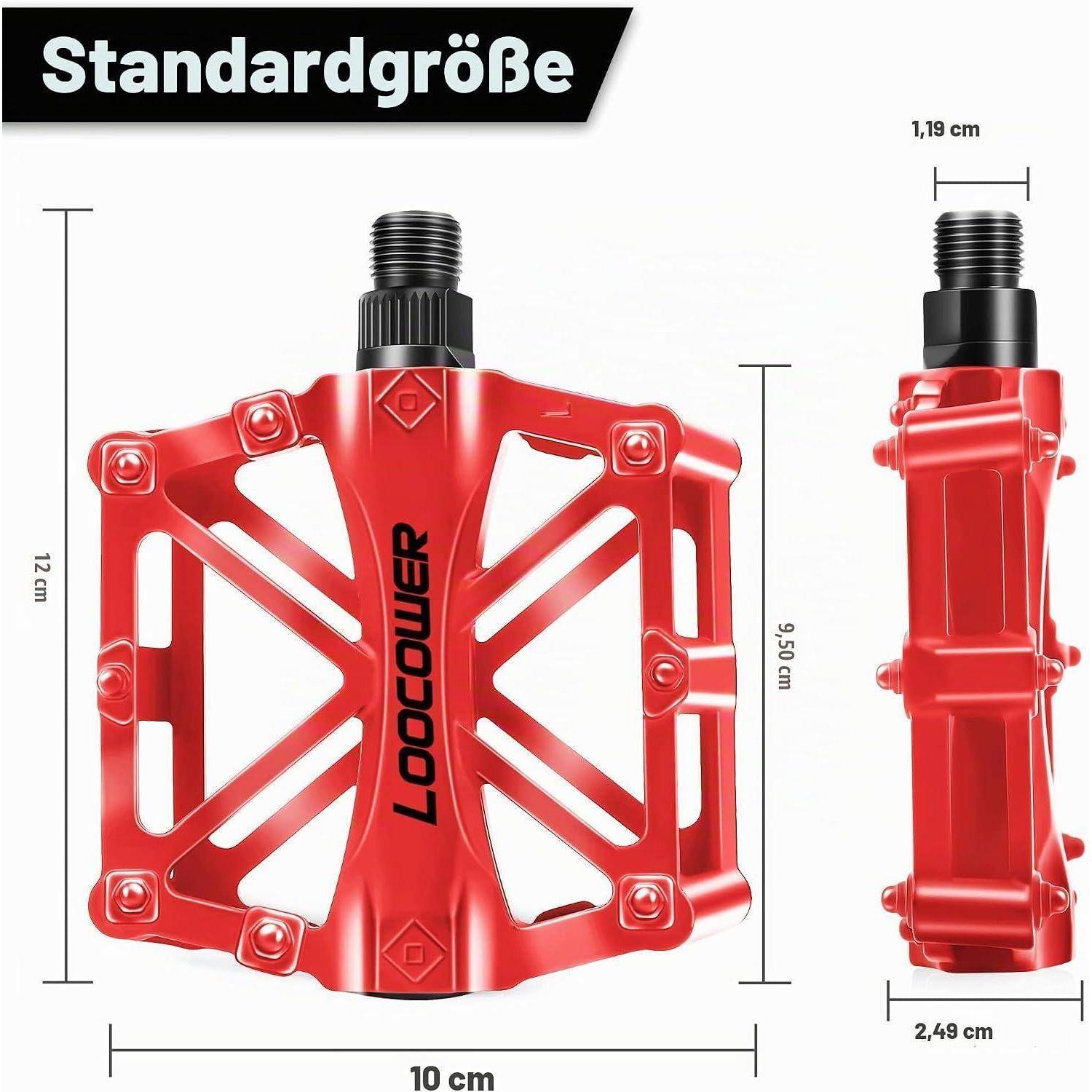 Diagramm zeigt ein rotes Lookoocer-Fahrradpedal mit der Bezeichnung "Standardgröße"" mit den Abmessungen: 12 cm Höhe, 10 cm Breite, 9,5 cm Höhe und 2,49 cm Dicke, sowie ein 1,19 cm Gewinde.