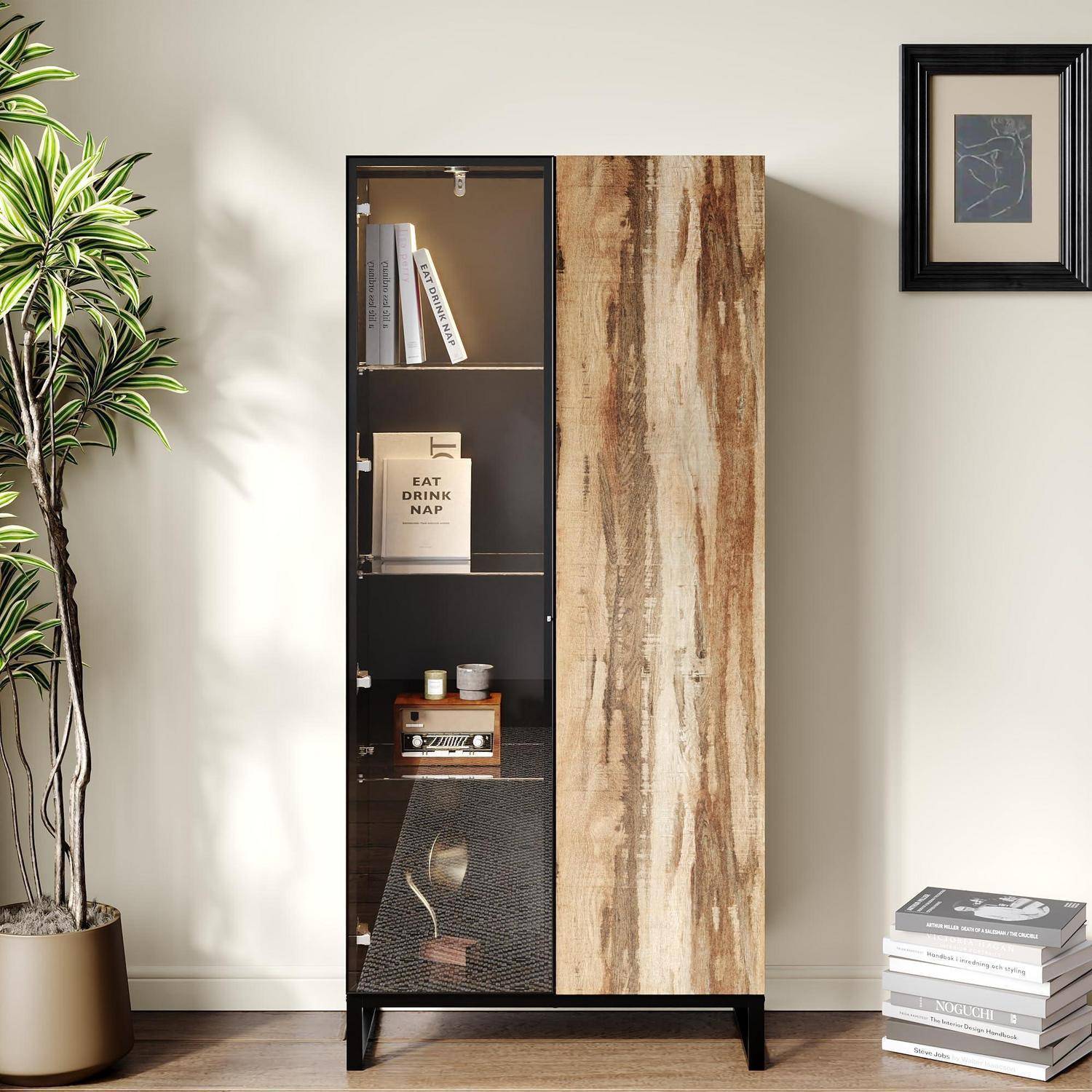 Caldion Vitrinenschrank mit 8 LED-Beleuchtung Vitrine mit 2 Glastüren Pop-up-Design Glasvitrine mit 4 Einlegeböden Glasschrank Schwarz & Holz für