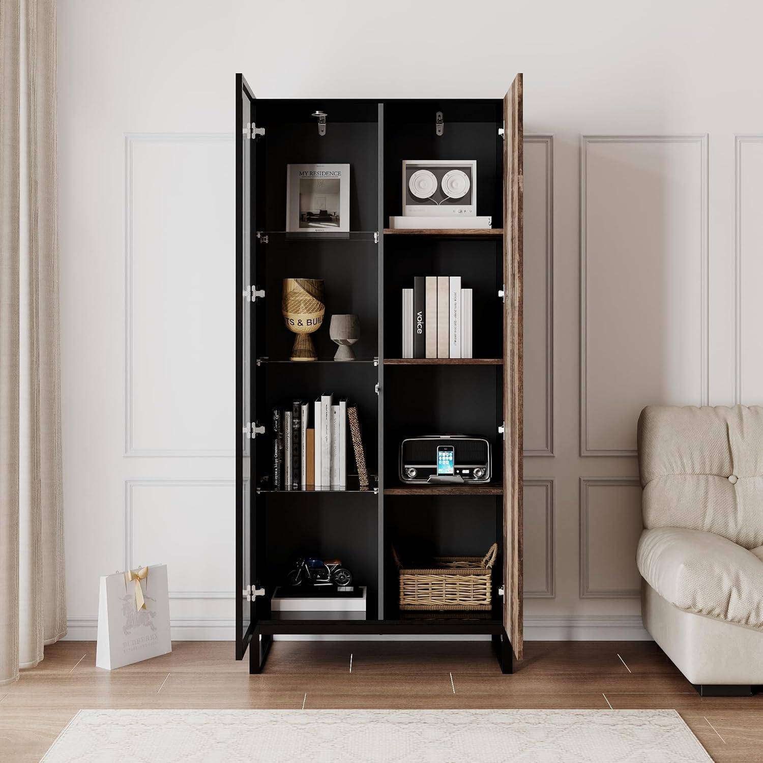 Caldion Vitrinenschrank mit 8 LED-Beleuchtung Vitrine mit 2 Glastüren Pop-up-Design Glasvitrine mit 4 Einlegeböden Glasschrank Schwarz & Holz für