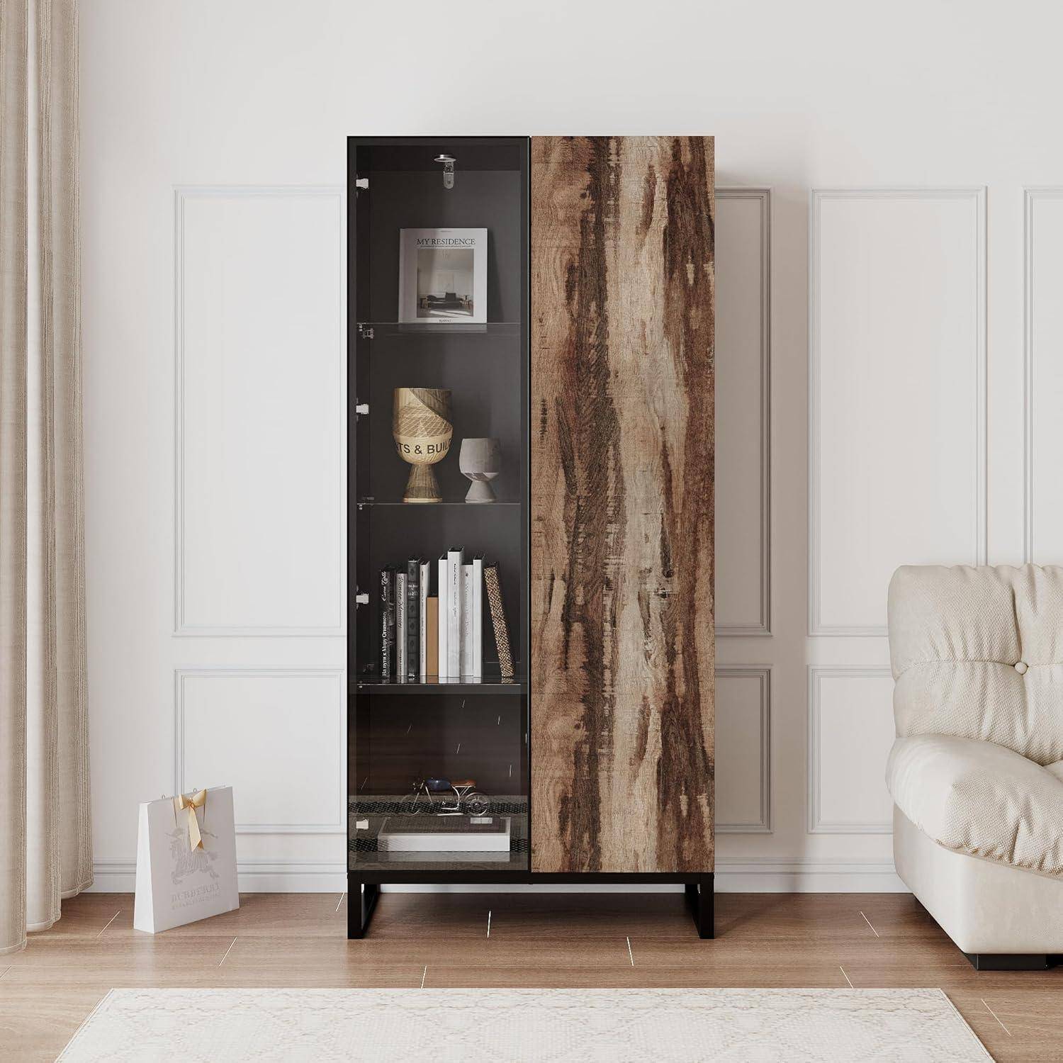 Caldion Vitrinenschrank mit 8 LED-Beleuchtung Vitrine mit 2 Glastüren Pop-up-Design Glasvitrine mit 4 Einlegeböden Glasschrank Schwarz & Holz für