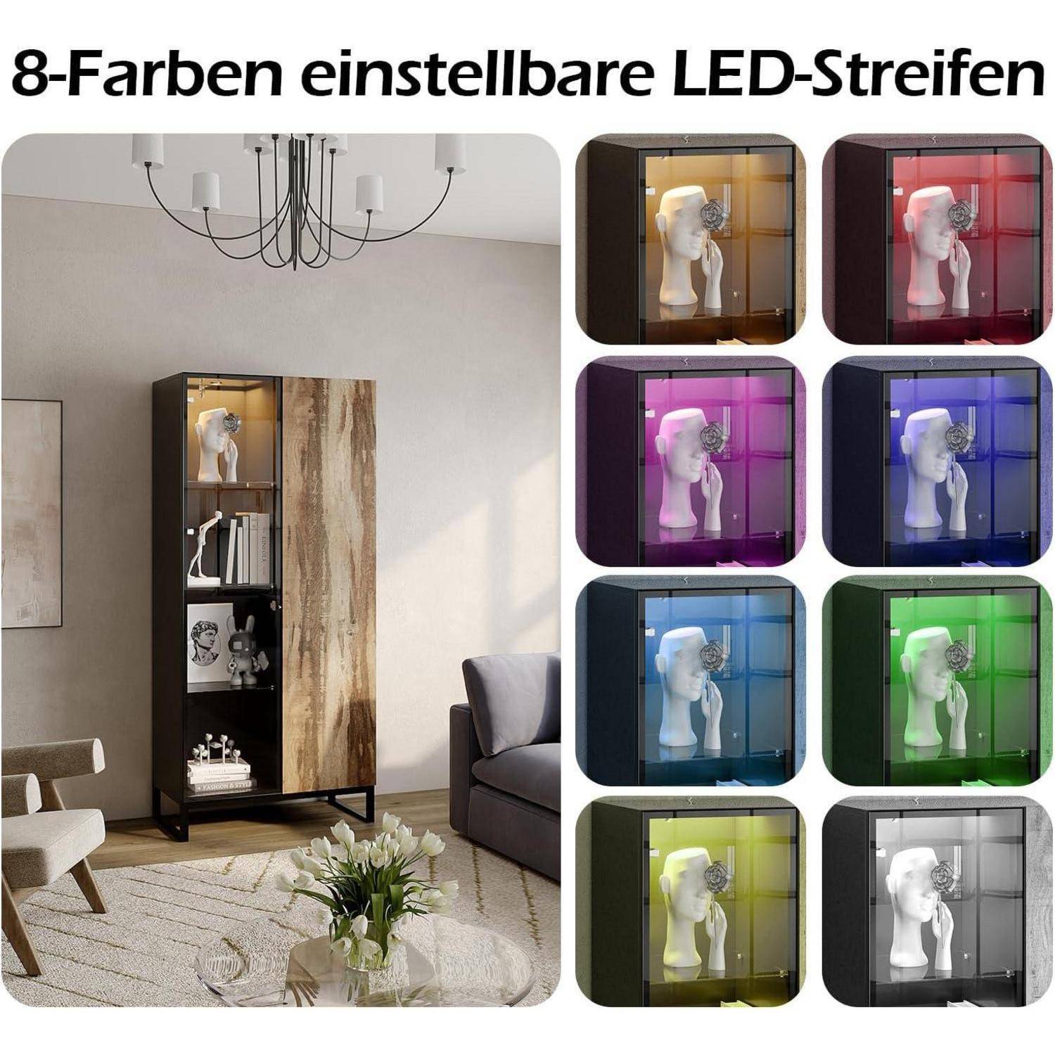 Caldion Vitrinenschrank mit 8 LED-Beleuchtung Vitrine mit 2 Glastüren Pop-up-Design Glasvitrine mit 4 Einlegeböden Glasschrank Schwarz & Holz für