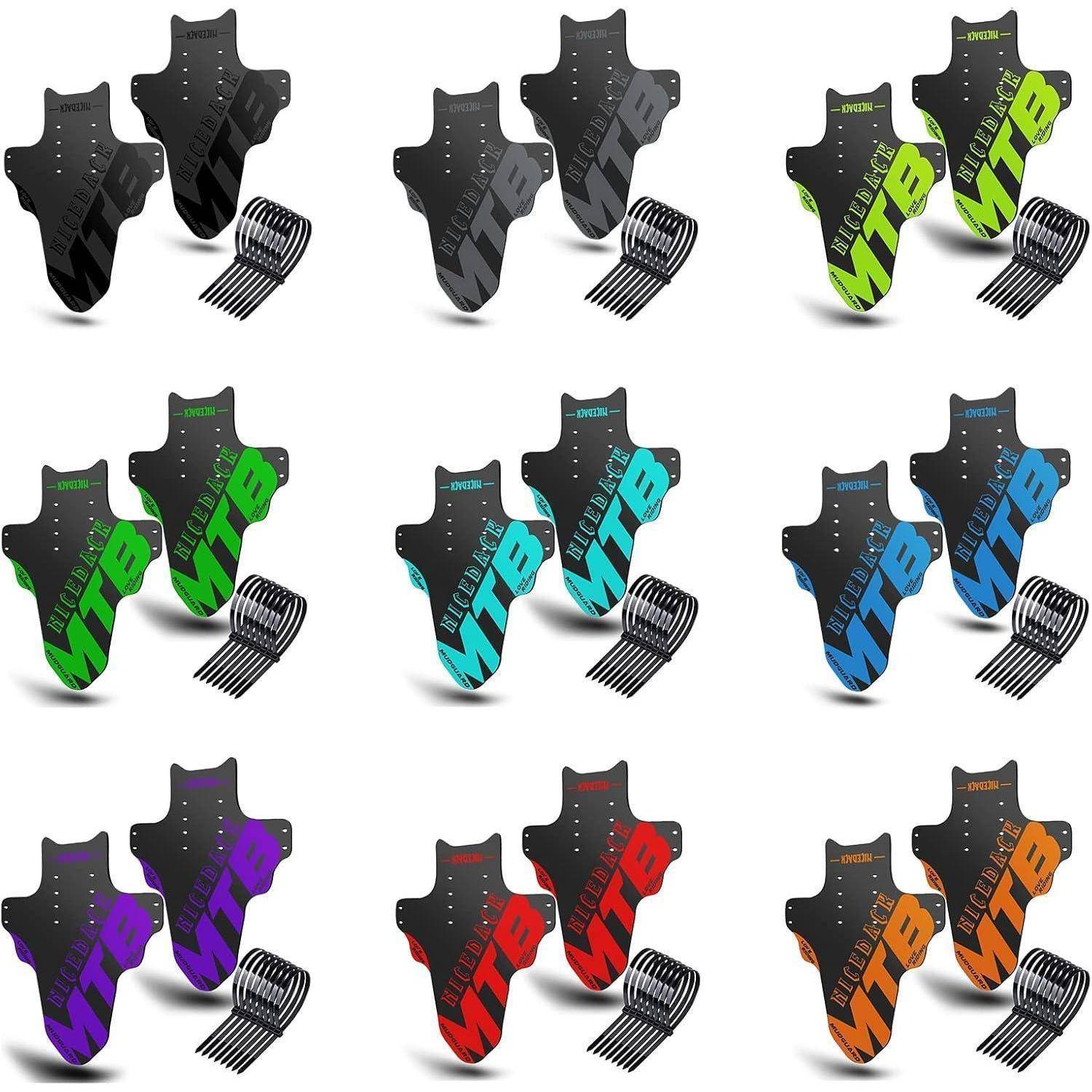 Collage von Knie-/Schienbeinschonern und einer kammartig gezahnten Klammer in mehreren Farbvarianten: Schwarz, Grau, Neongrün, Grün, Cyan, Blau, Lila, Rot und Orange.