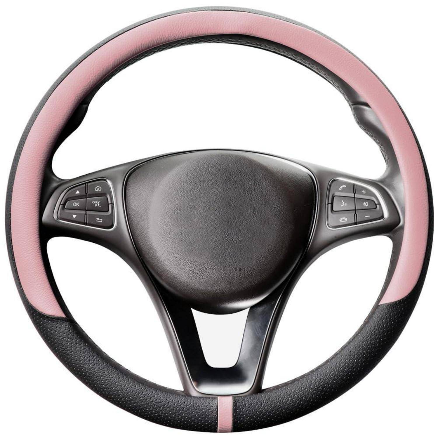Schwarzes Lenkrad mit rosa Bezug und integrierten Kontrolltasten auf beiden Seiten, Frontansicht auf weißem Hintergrund.