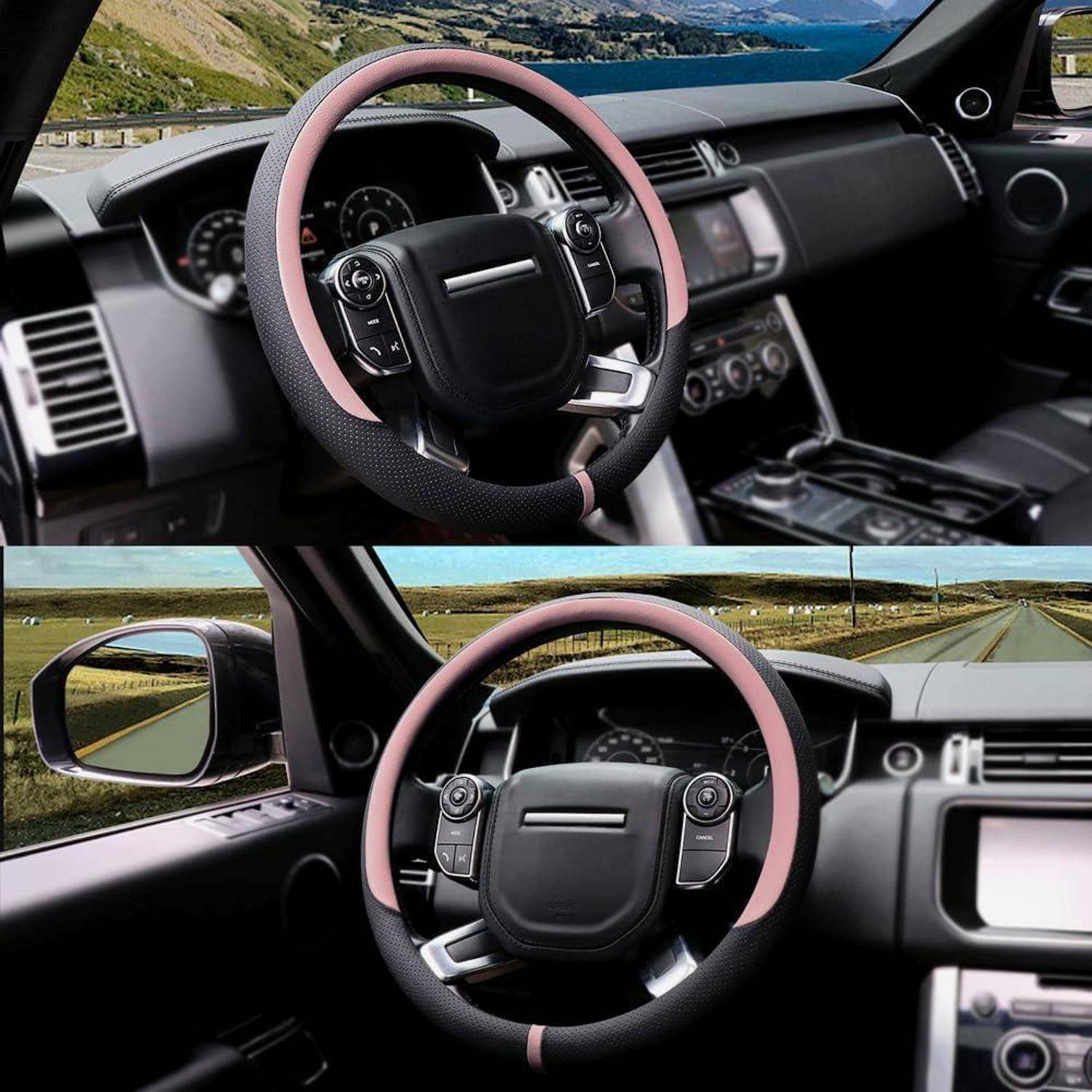 Collage eines Autoinnenraums mit Schwerpunkt auf einem Lenkrad mit rosa Verzierungen und einem Armaturenbrett mit Straßenblick durch die Windschutzscheibe.