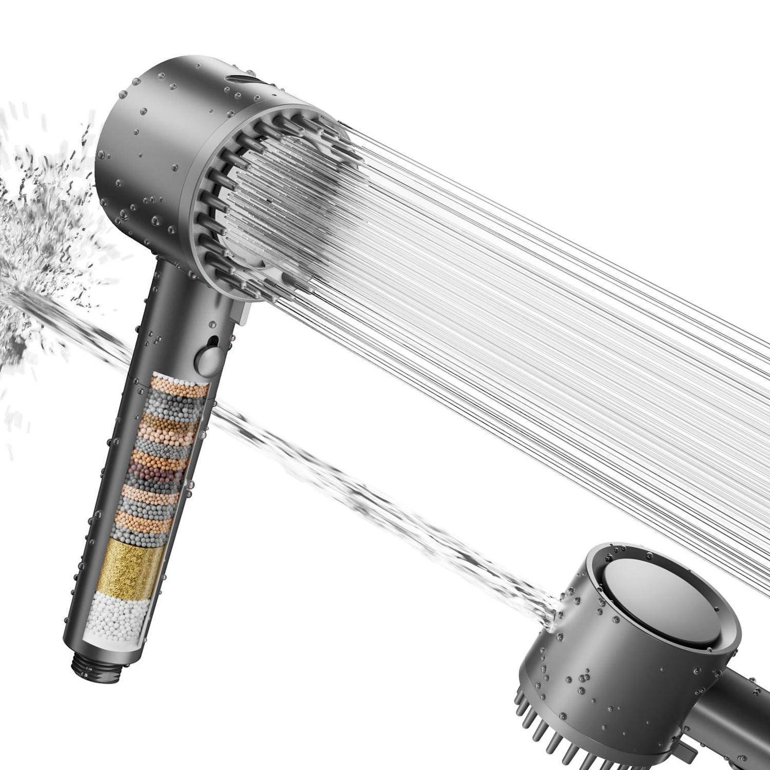 Abnehmbare Duschköpfe zeigen geschichtete Filterpatronen im Griff und mehrere Sprühstrahlen und veranschaulichen Wasserfiltration und Durchfluss.
