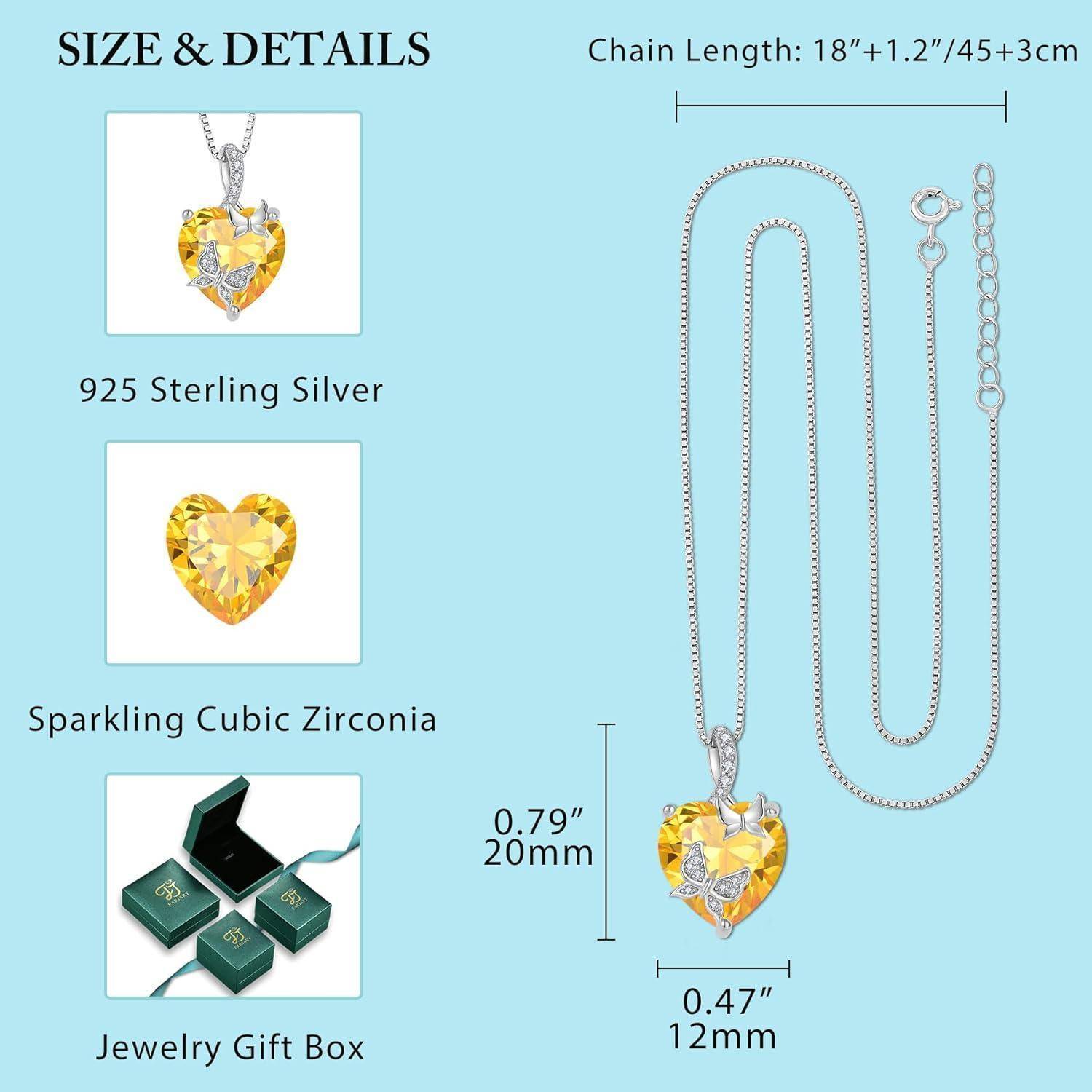 Produktdetail-Grafik mit einer 925er Sterlingsilber-Herz-Anhänger-Halskette mit funkelnden kubischen Zirkonia, 18 Zoll Kettenlänge, 20 mm Anhängerhöhe und 12 mm Breite, plus Schmuck-Geschenkbox.