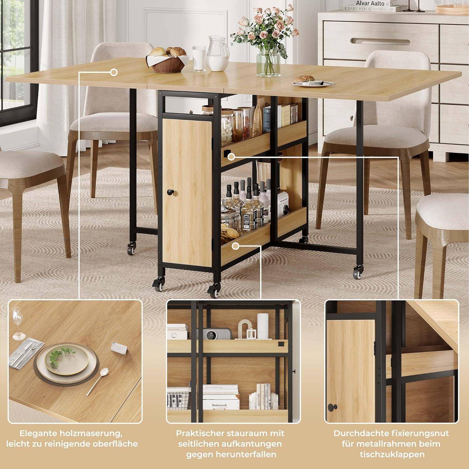 HSH Klappbarer Esstisch Klapptisch Küche Mit Stauraum Küchentisch Klappbar mit 2 Regalen und Rollen Mobiler Tish aus Holz und Metall Platzsparender