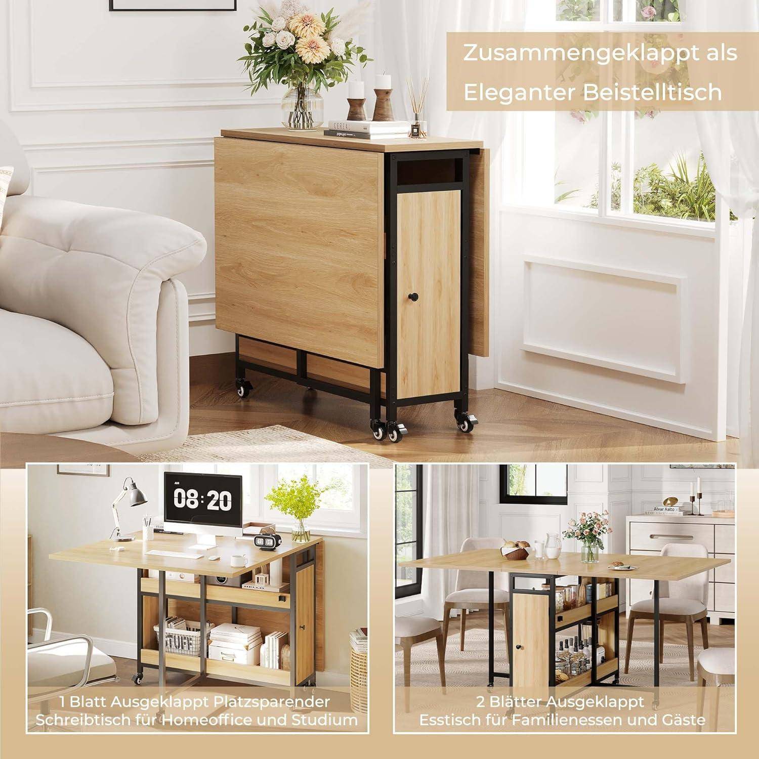 HSH Klappbarer Esstisch Klapptisch Küche Mit Stauraum Küchentisch Klappbar mit 2 Regalen und Rollen Mobiler Tish aus Holz und Metall Platzsparender