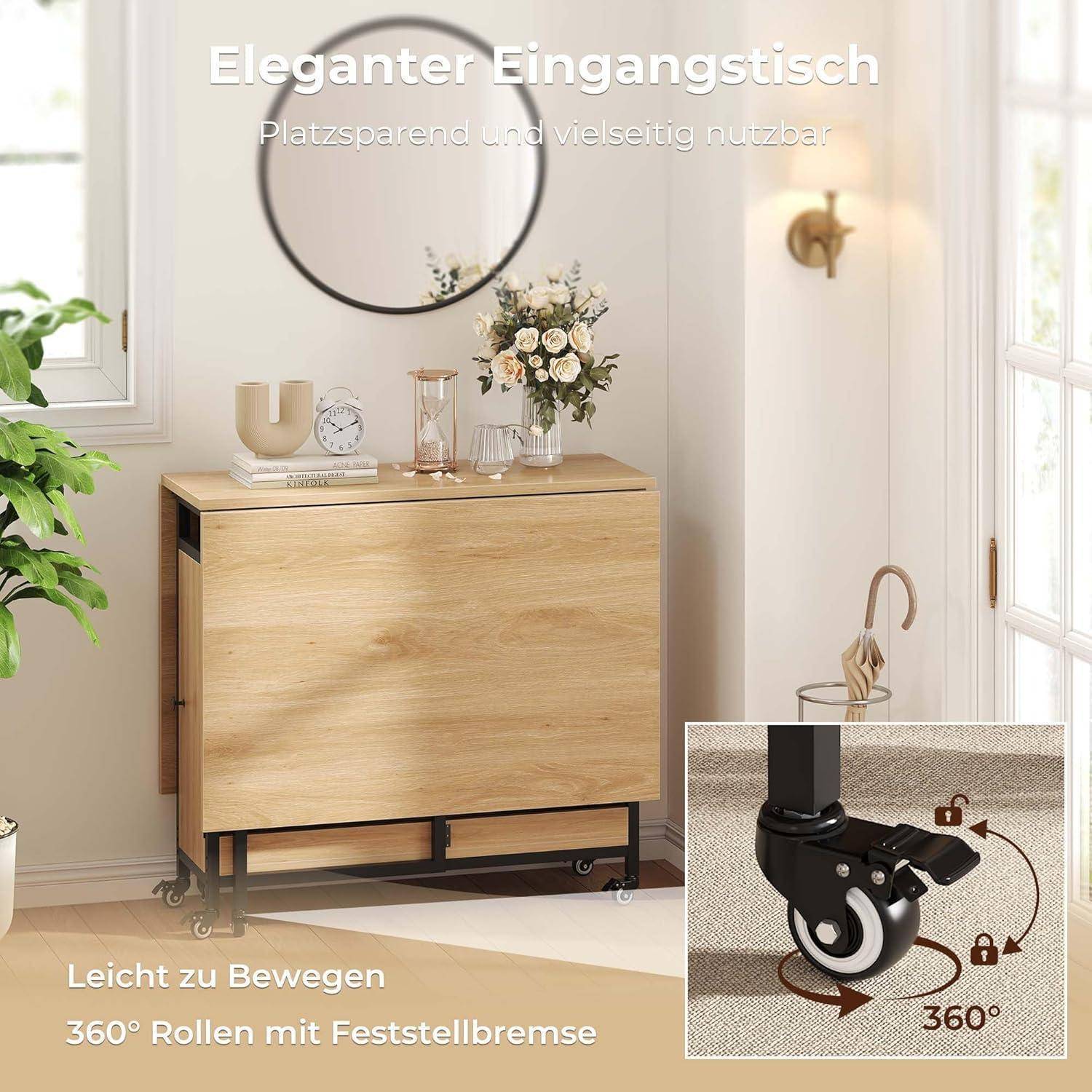 HSH Klappbarer Esstisch Klapptisch Küche Mit Stauraum Küchentisch Klappbar mit 2 Regalen und Rollen Mobiler Tish aus Holz und Metall Platzsparender