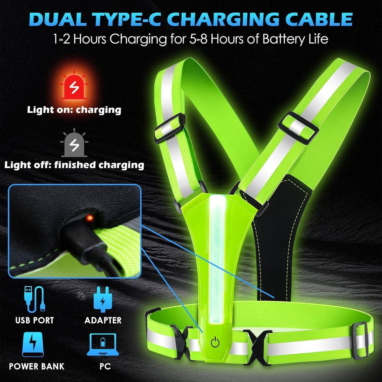 Werbegrafik eines neongrünen Dual-Typ-Ladekabels mit eingebauten Licht, das Ladesatus-Anzeigen und Kompatibilität mit USB-Anschluss, Adapter, Powerbank und PC zeigt.