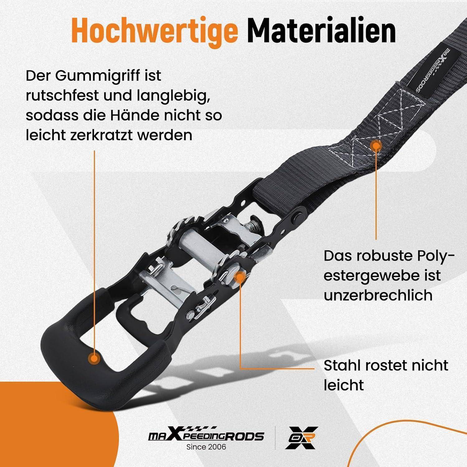 maXpeedingrods Ratschen Zurrgurte Set 4-teilig – 2362kg Spanngurte mit Soft Loops & S-Haken, 2.4m x 4cm inkl. Tasche & Handschuhe – für Motorrad,
