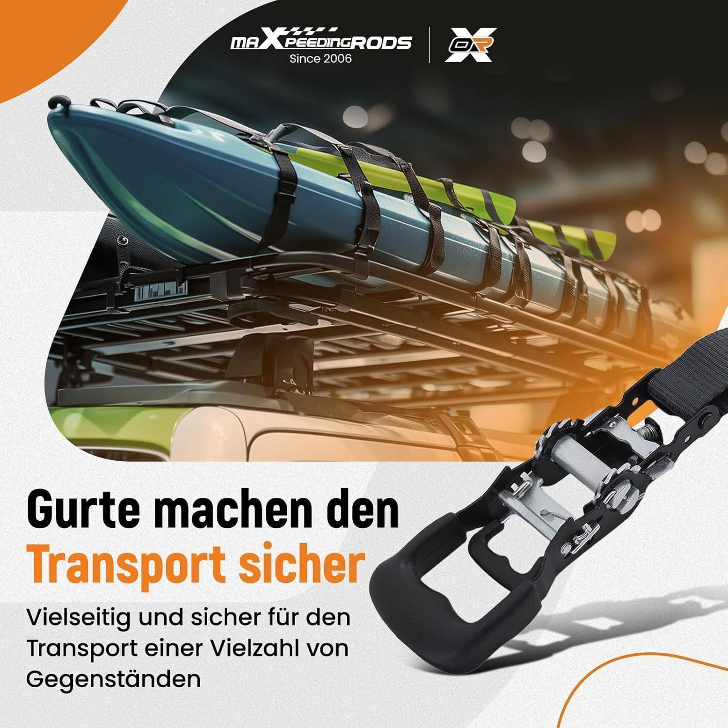 maXpeedingrods Ratschen Zurrgurte Set 4-teilig – 2362kg Spanngurte mit Soft Loops & S-Haken, 2.4m x 4cm inkl. Tasche & Handschuhe – für Motorrad,