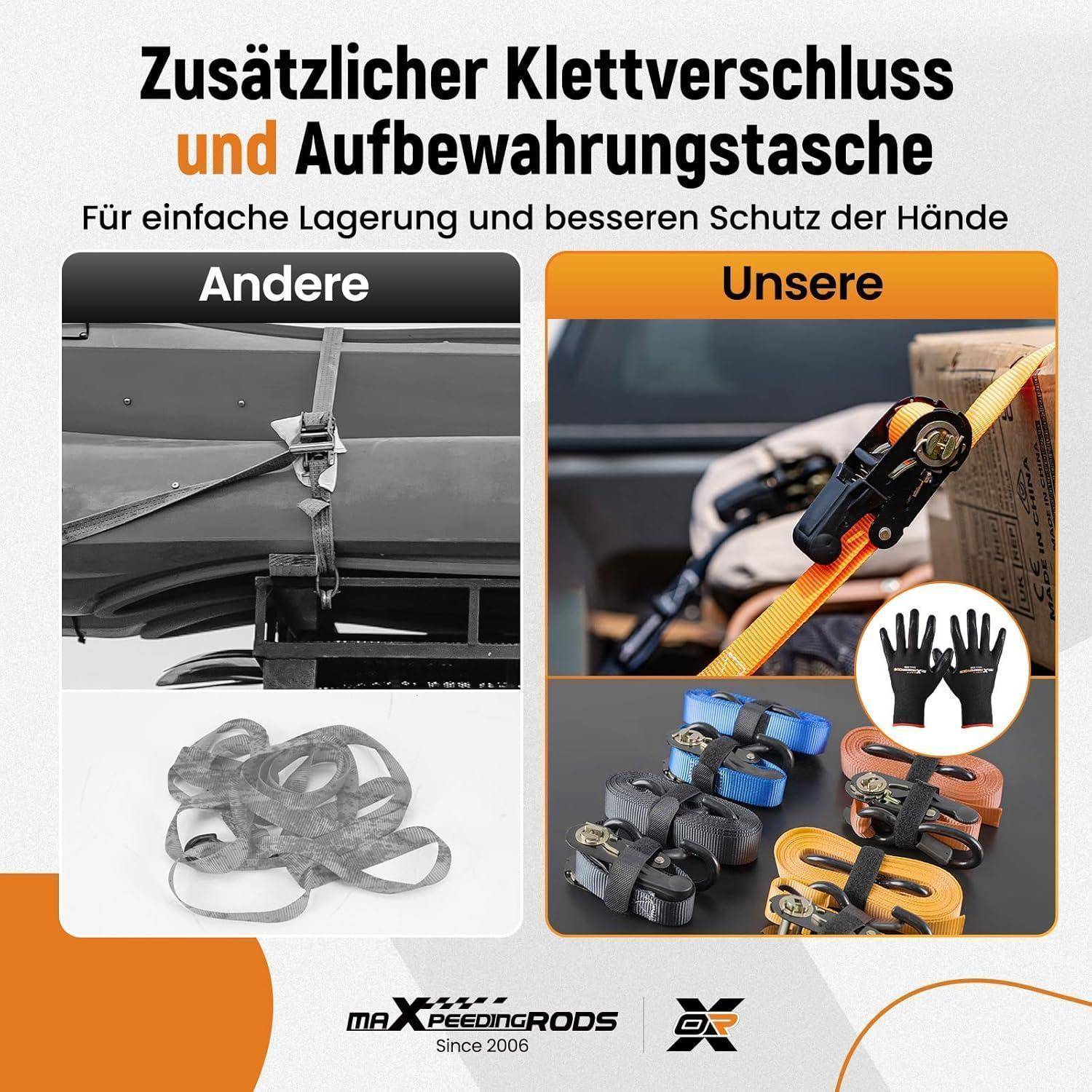 maXpeedingrods Ratschen Zurrgurte Set 4-teilig – 2362kg Spanngurte mit Soft Loops & S-Haken, 2.4m x 4cm inkl. Tasche & Handschuhe – für Motorrad,