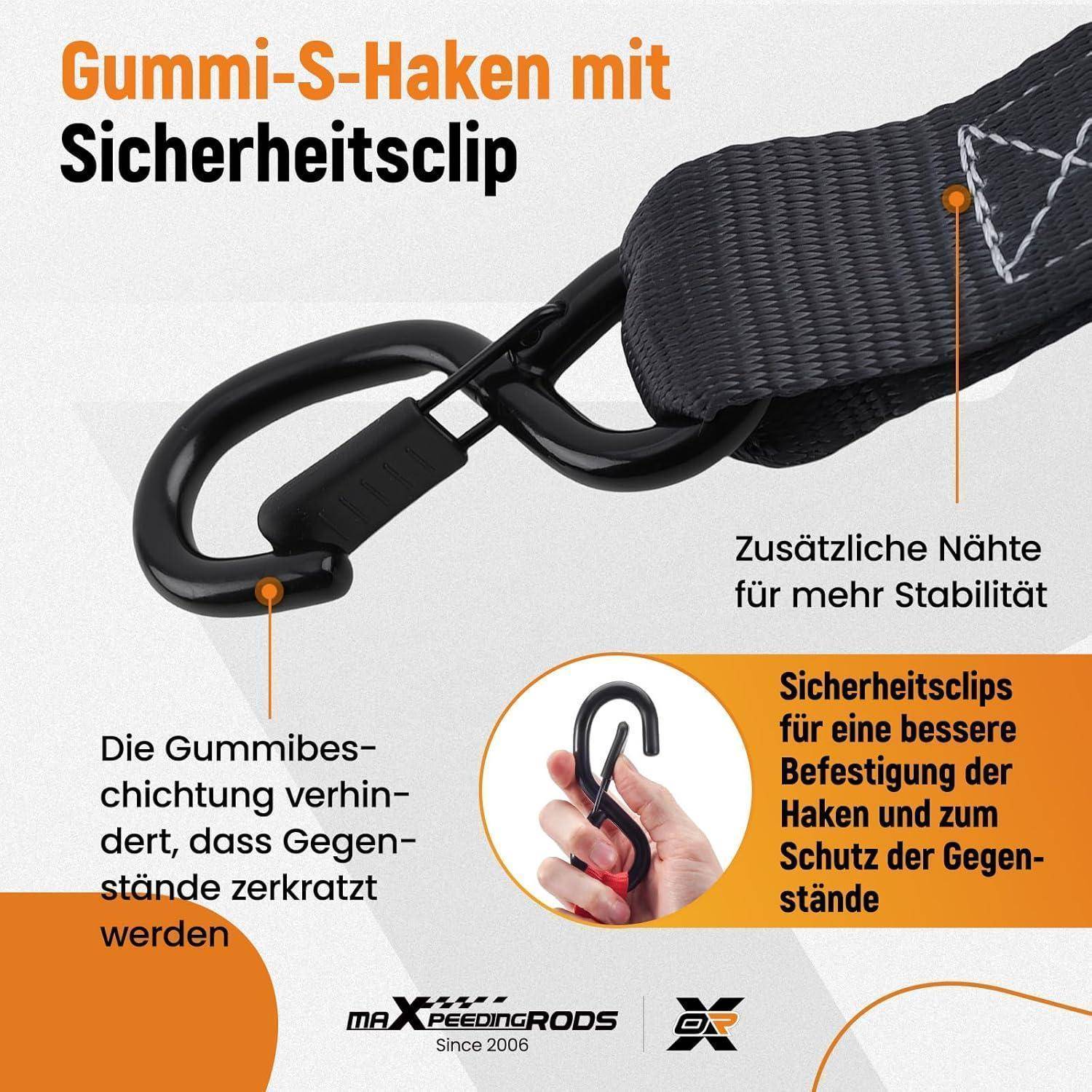 maXpeedingrods Ratschen Zurrgurte Set 4-teilig – 2362kg Spanngurte mit Soft Loops & S-Haken, 2.4m x 4cm inkl. Tasche & Handschuhe – für Motorrad,