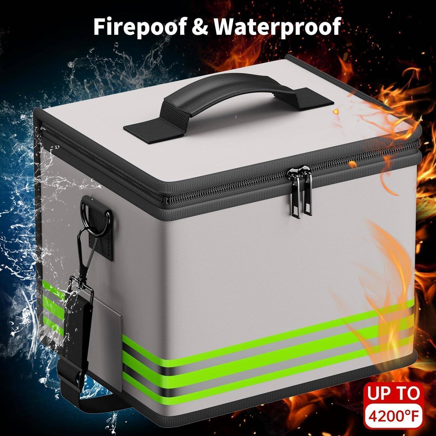 Isolierter Hartschalenkoffer mit der Bezeichnung „Feuerbeständig & Wasserdicht" und „BIS ZU 4200°F"", der Flammen und Wasser widersteht.