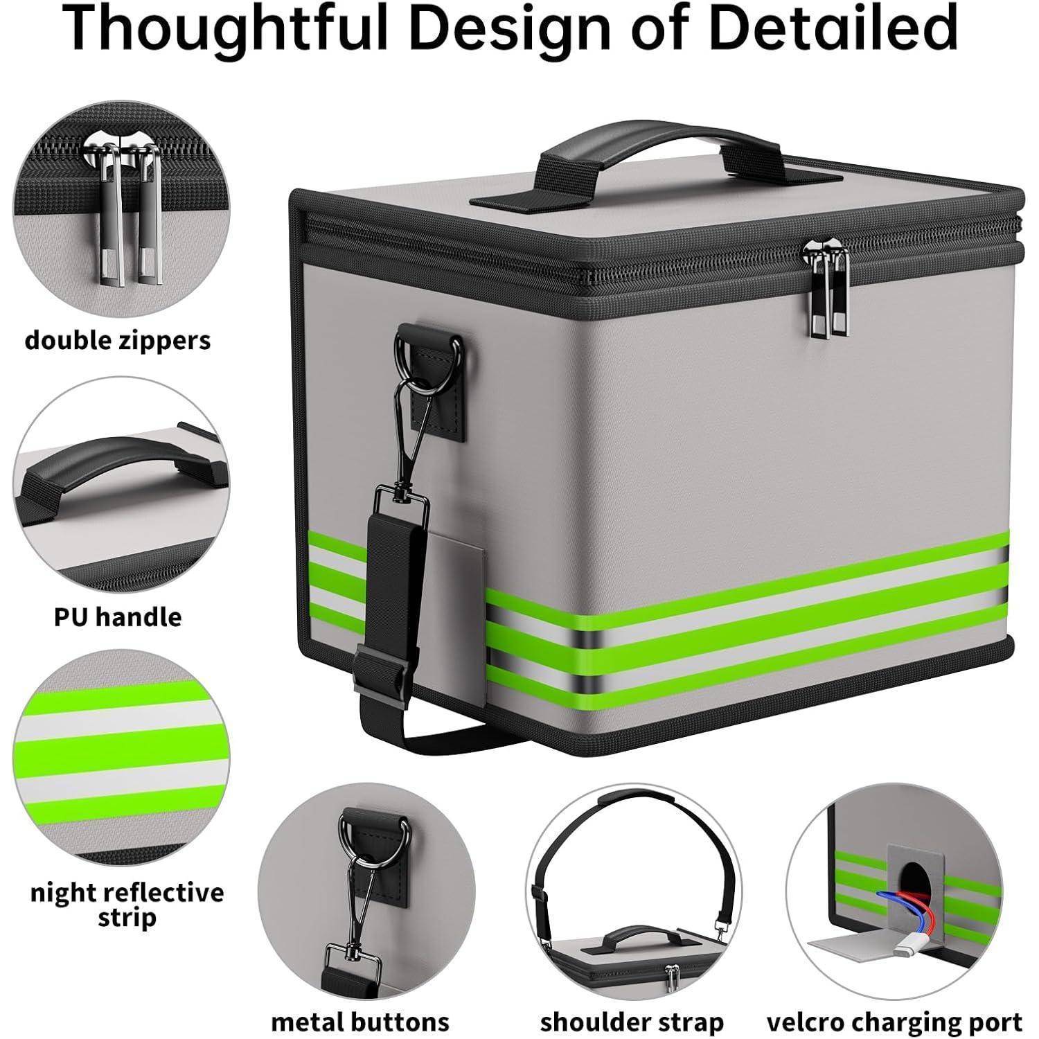 Grau isolierte Kühltasche mit Griff und Schultergurt, gezeigt mit Beschriftungen für doppelte Reißverschlüsse, PU-Griff, reflektierendes Streifen, Metallknöpfe und Klettverschluss-Ladeanschluss.