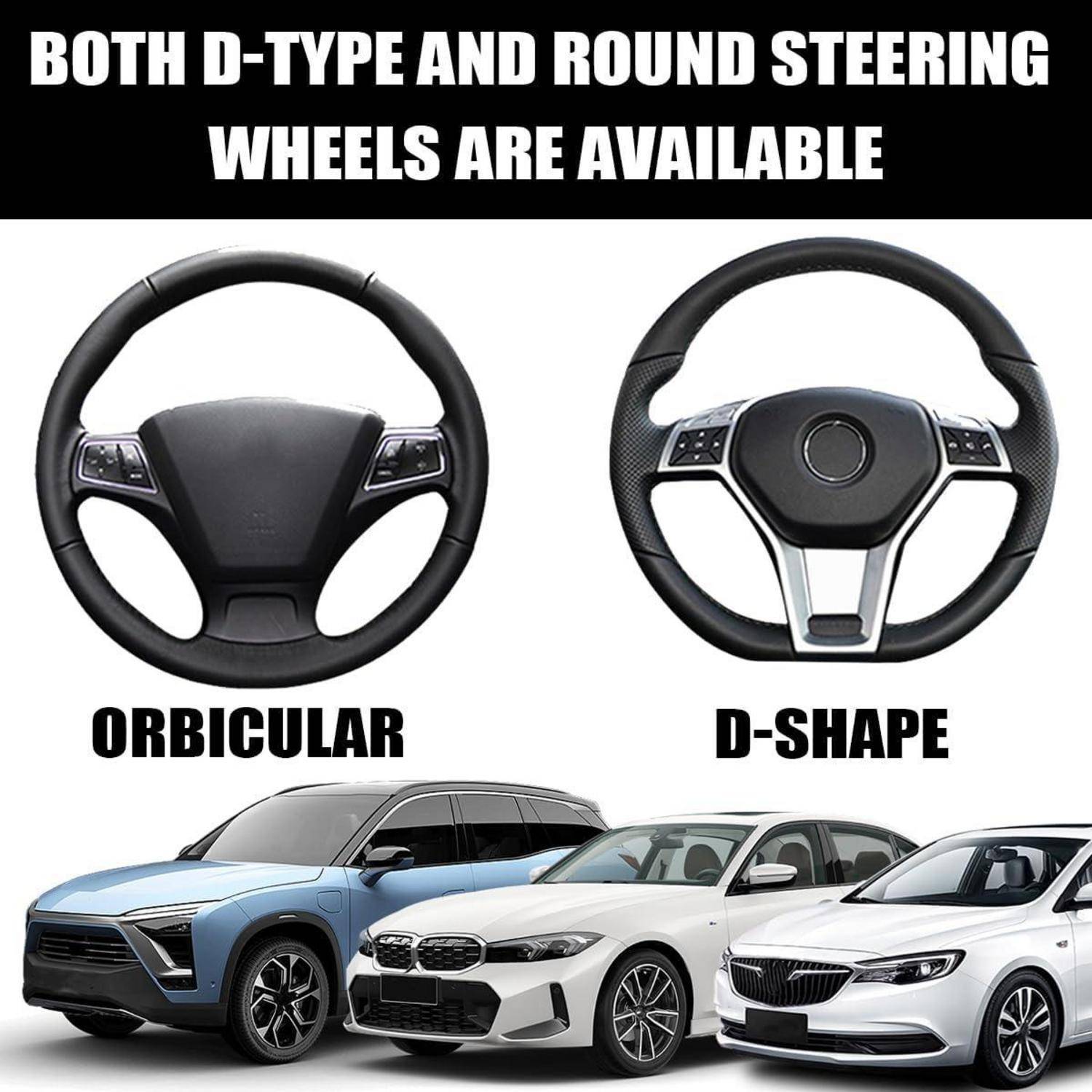 Anzeigengrafik mit beiden verfügbaren Lenkrädern in Orbicular- und D-Form, mit drei darunter abgebildeten Automodellen.