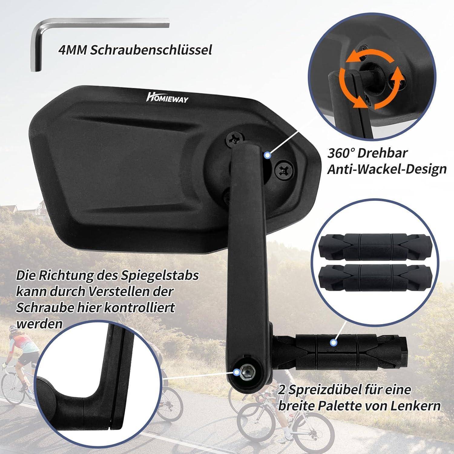 Fahrradreflektor mit verstellbarer Lenkerhalterung, zeigt 360° drehbares Antivibrations-Design, 4-mm-Innensechskantschlüssel und zwei Expansionsbolzen für breite Lenker.