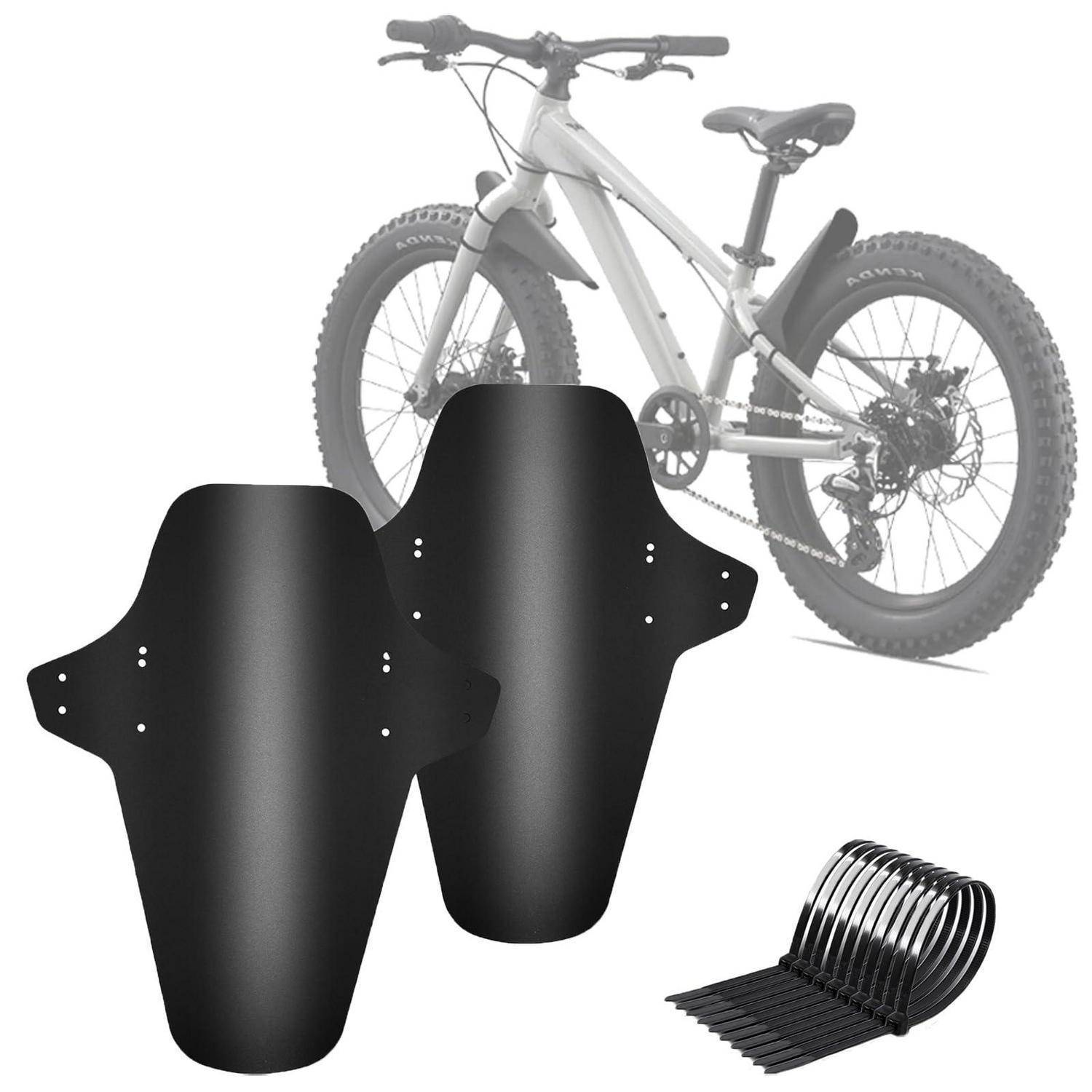 Fahrradsatz-Schutzblech mit zwei schwarzen Schutzblechen und einem aufklappbaren Gestell mit mehreren Schutzblechen, gezeigt vor einem Mountainbike.