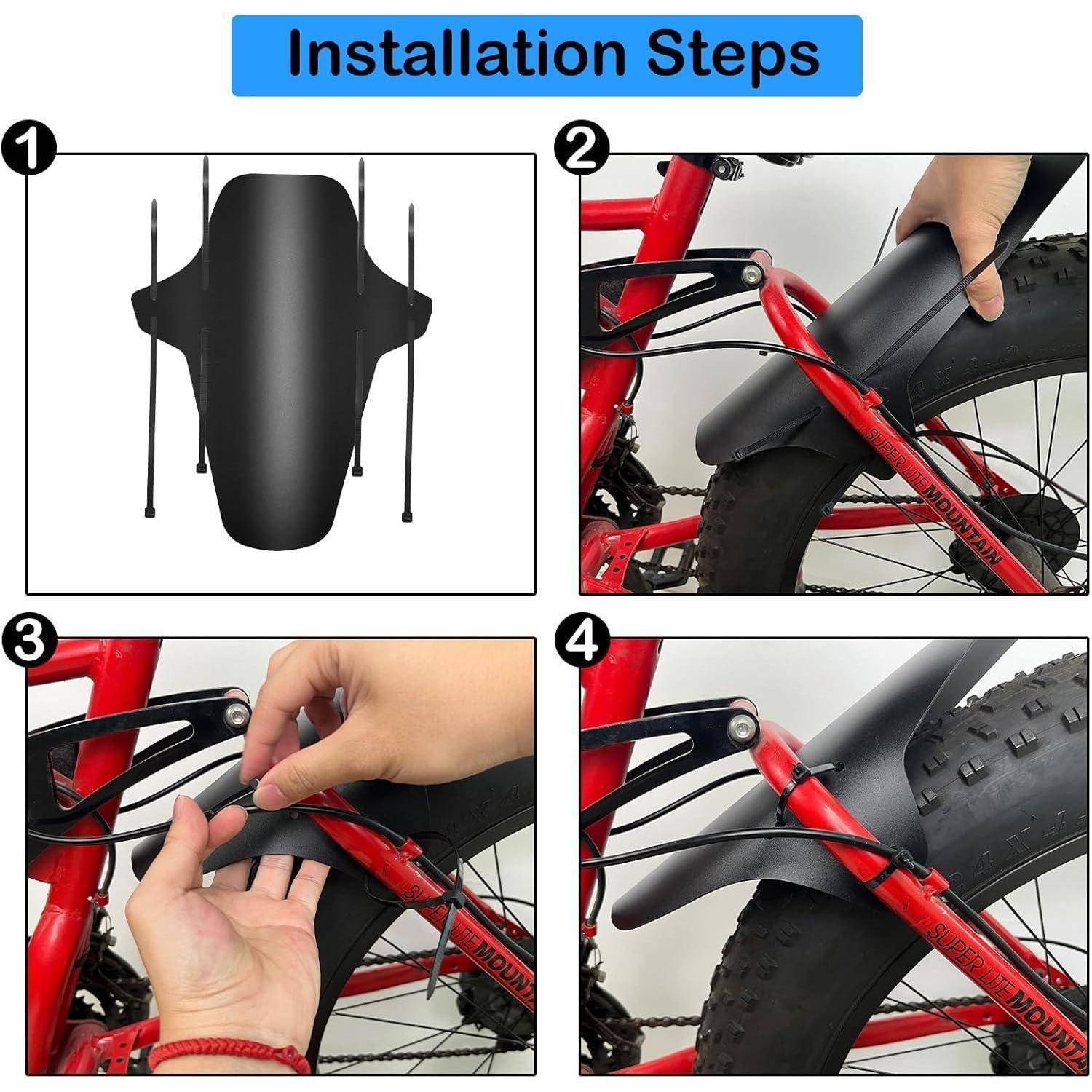 Installationsschritte für einen Fahrrad-Schutzblech hinten: Befestigen Sie das Schutzblech und die Befestigungsstangen, passen Sie es dann über das Hinterrad an und sichern Sie es.