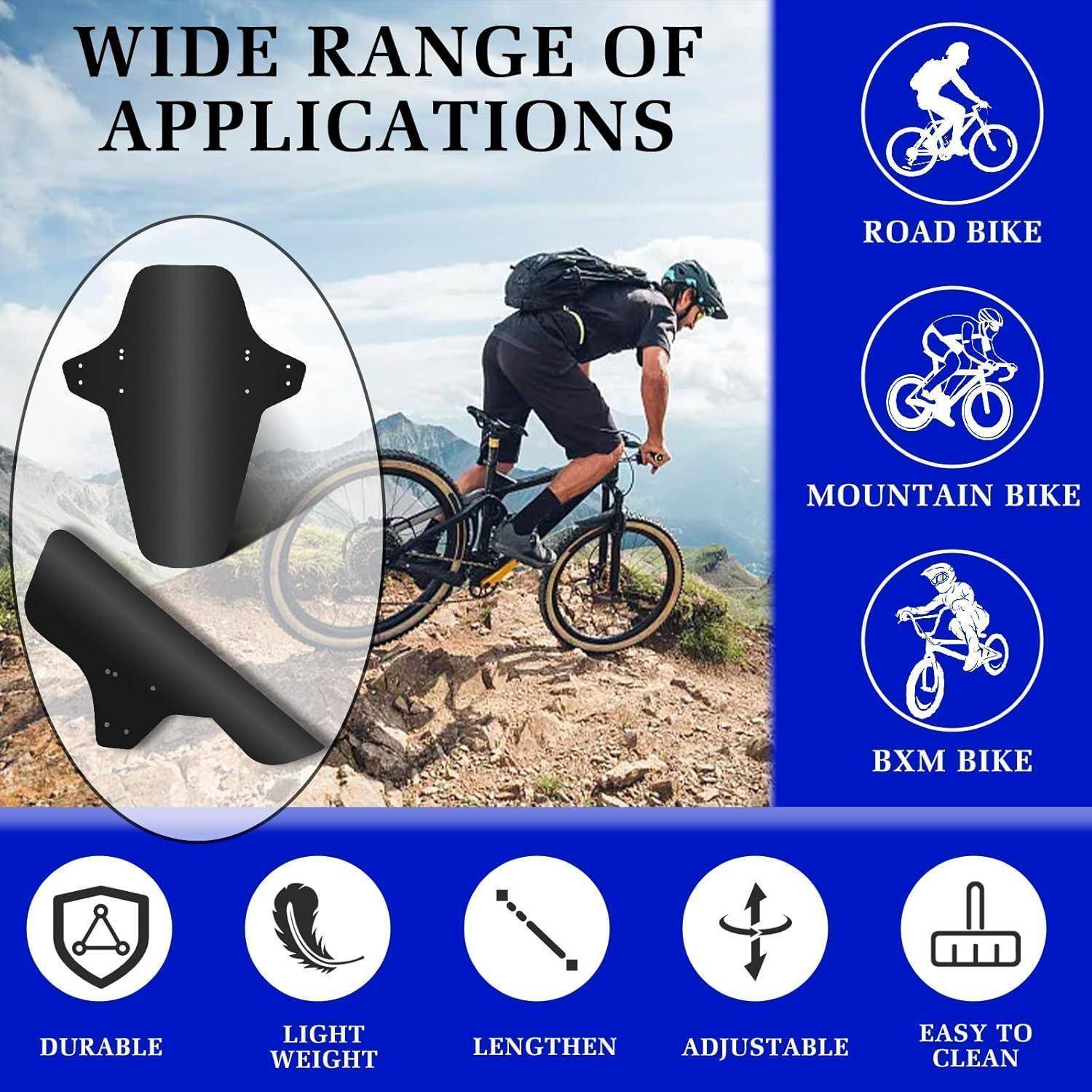 Mountainbike-Produktanzeige mit einem Fahrer auf einem felsigen Pfad und „BREITES ANWENDUNGSSPEKTRUM"; Symbole heben Straßen-, Berg- und BMX-Bikernutzung sowie langlebig, leicht, verlängerbar, verstellbar und leicht zu reinigen hervor.