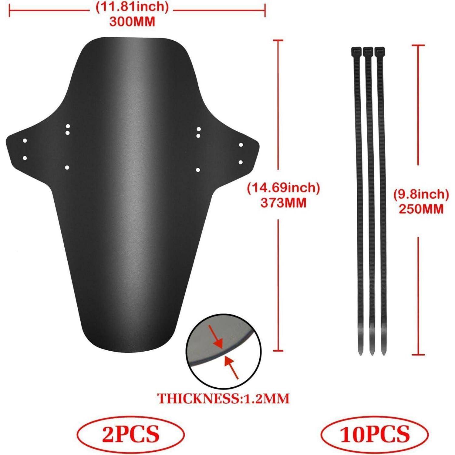 Produktdiagramm eines schwarzen Motorrad-/Sattel-Stil-Schutzbleches: 300 mm breit, 373 mm lang, 1,2 mm dick, mit 2 Teilen dargestellt und 10 Befestigungszacken, 250 mm lang.