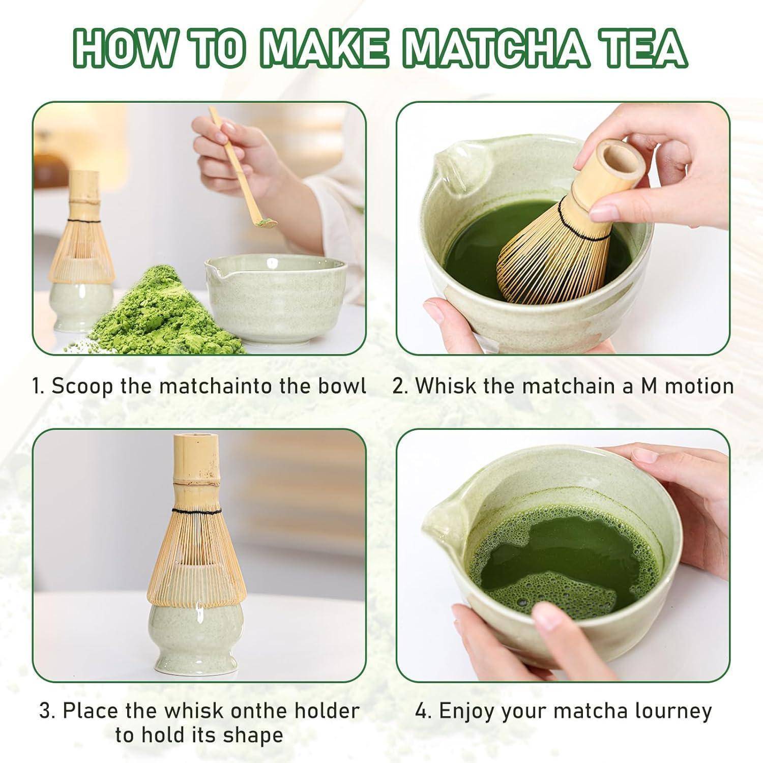 Infografik mit dem Titel „WIE MAN MATCHA-TEE ZUBEREITET" mit vier Schritten: Matcha in eine Schale löffeln, in einer M-Bewegung aufschlagen, den Schneebesen auf den Halter stellen und den Tee genießen.