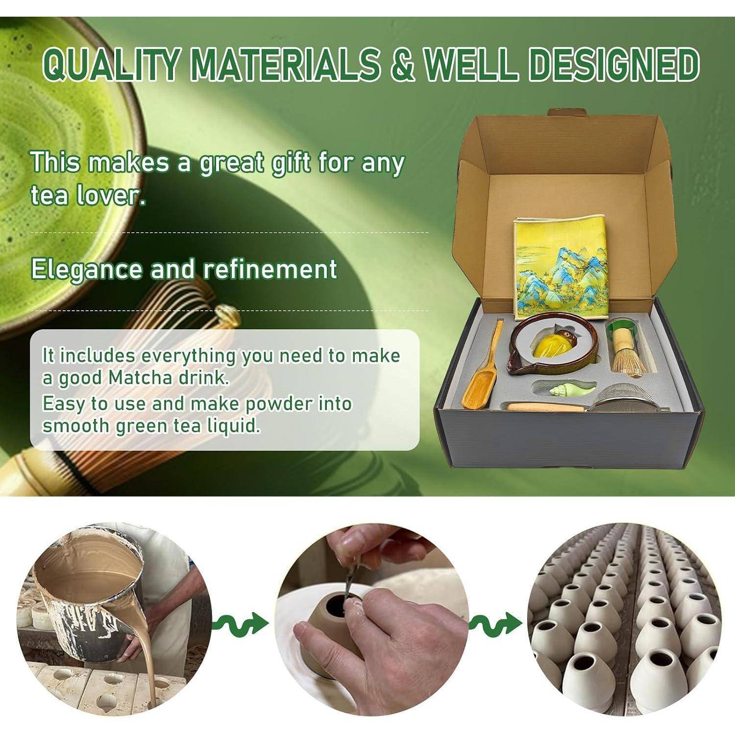 Werbebilder eines Matcha-Tee-Geschenksets in einer Box mit Text, der hochwertige Materialien, Eleganz und benutzerfreundliche Werkzeuge zum Zubereiten von Matcha hervorhebt.