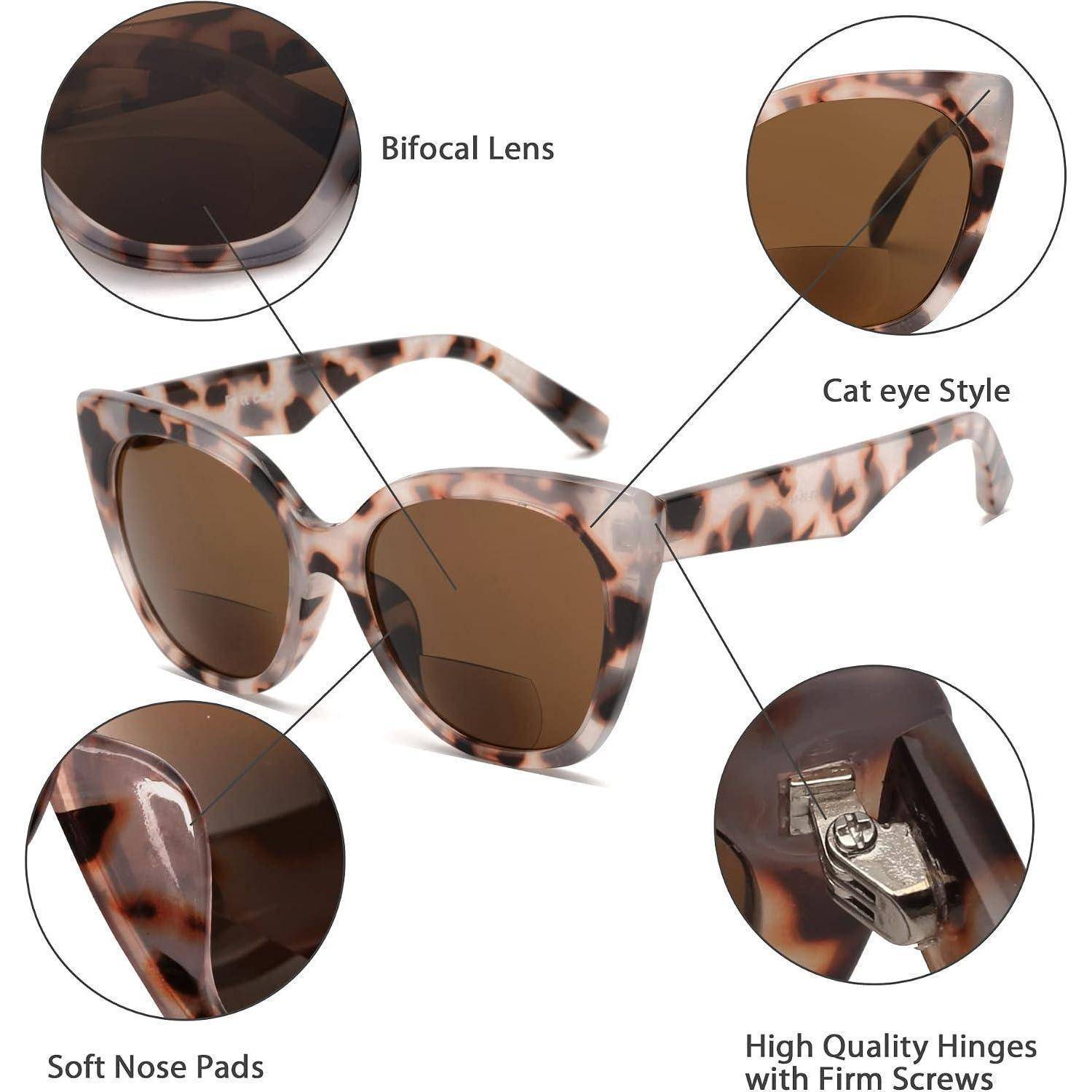 Katzenauge-Sonnenbrillen mit Schildpattrahmen, braunen Bifokallinsen, weichen Nasenpads und metallischen Federscharnieren, gezeigt mit Nahaufnahme-Detailbeschriftungen.