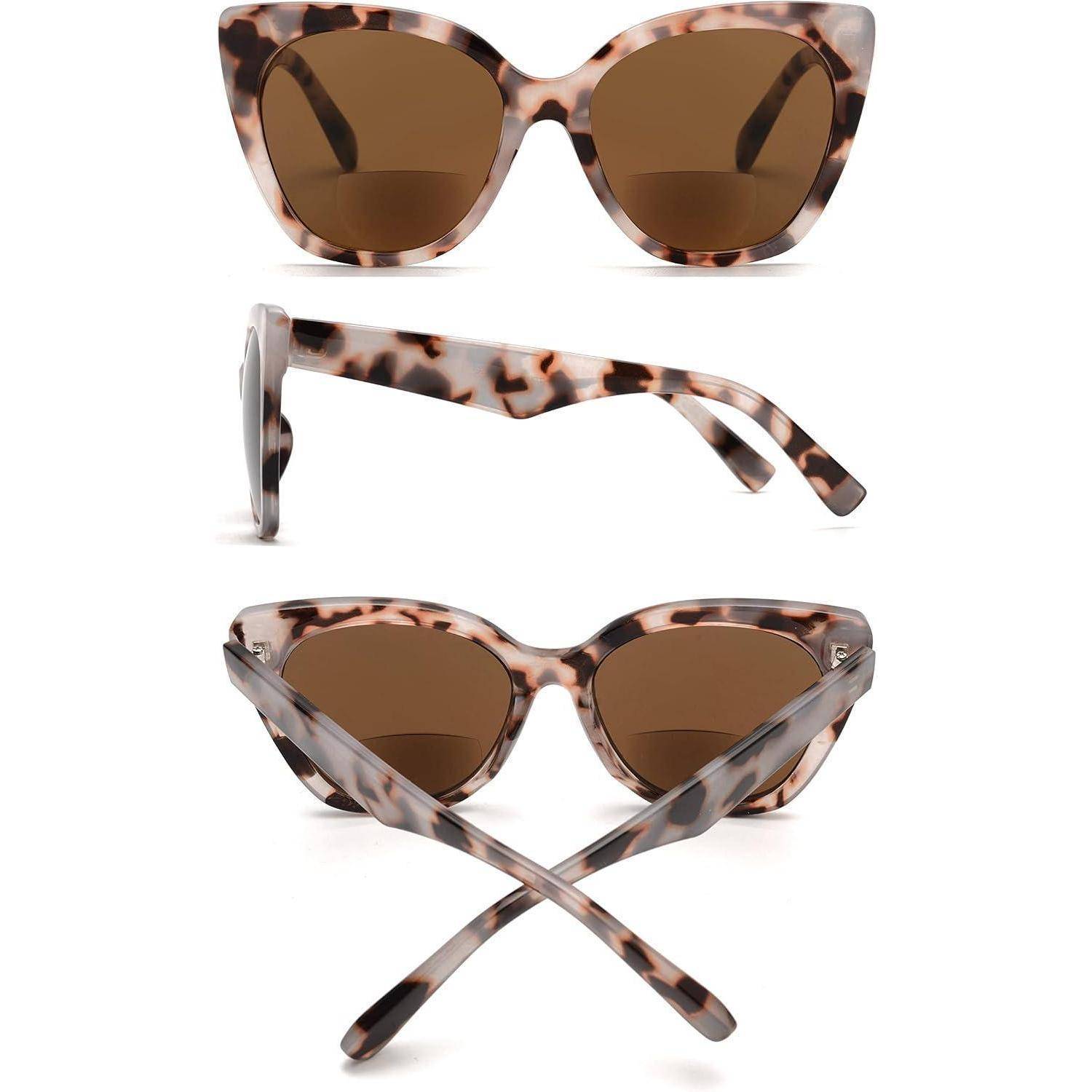 Sonnenbrille mit Schildpatt-Katzenauge und braunen Gläsern, gezeigt von vorne, von der Seite und im zusammengeklappten Zustand auf weißem Hintergrund.